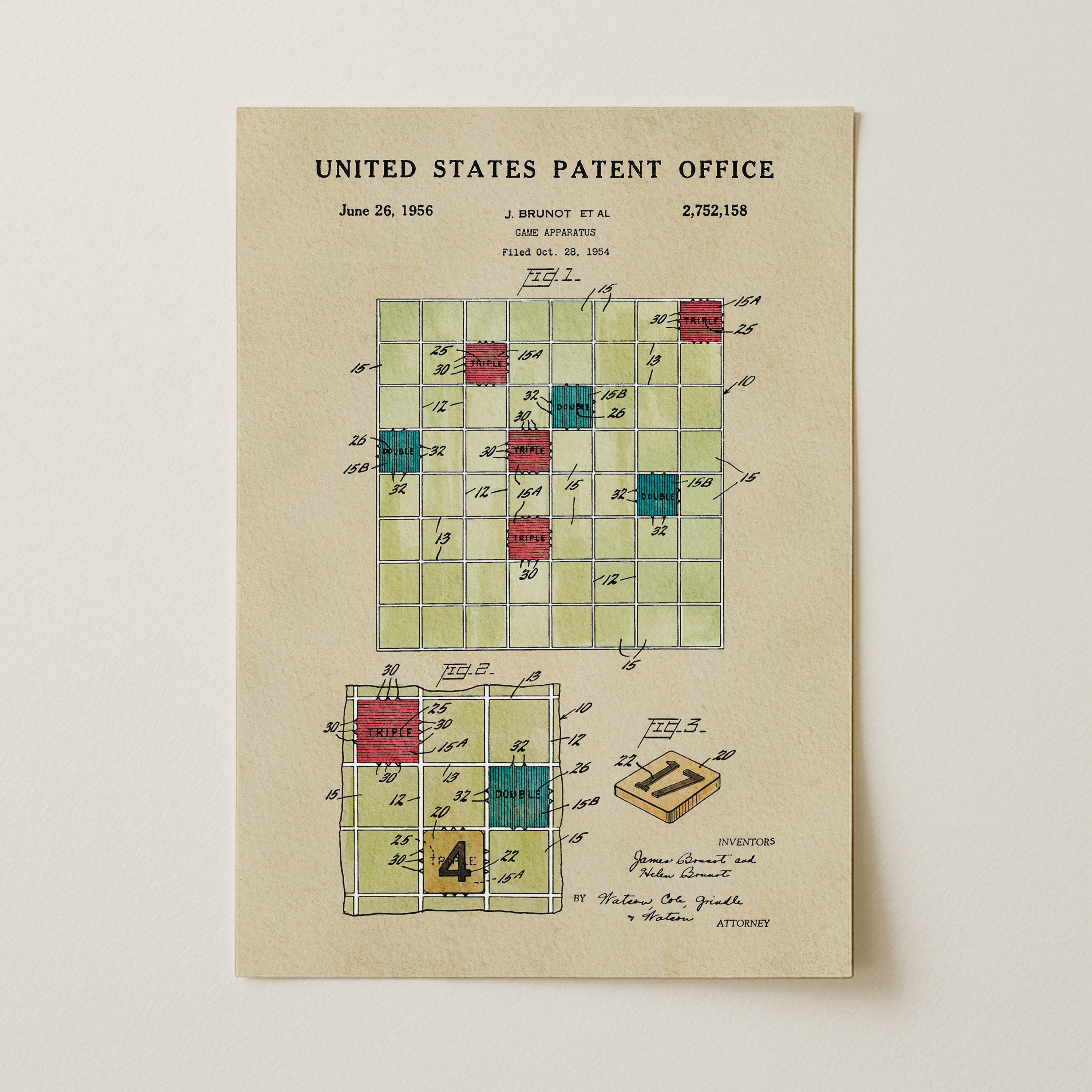 The image is a printed page from the United States Patent Office, featuring a detailed technical drawing and patent application for a game board.