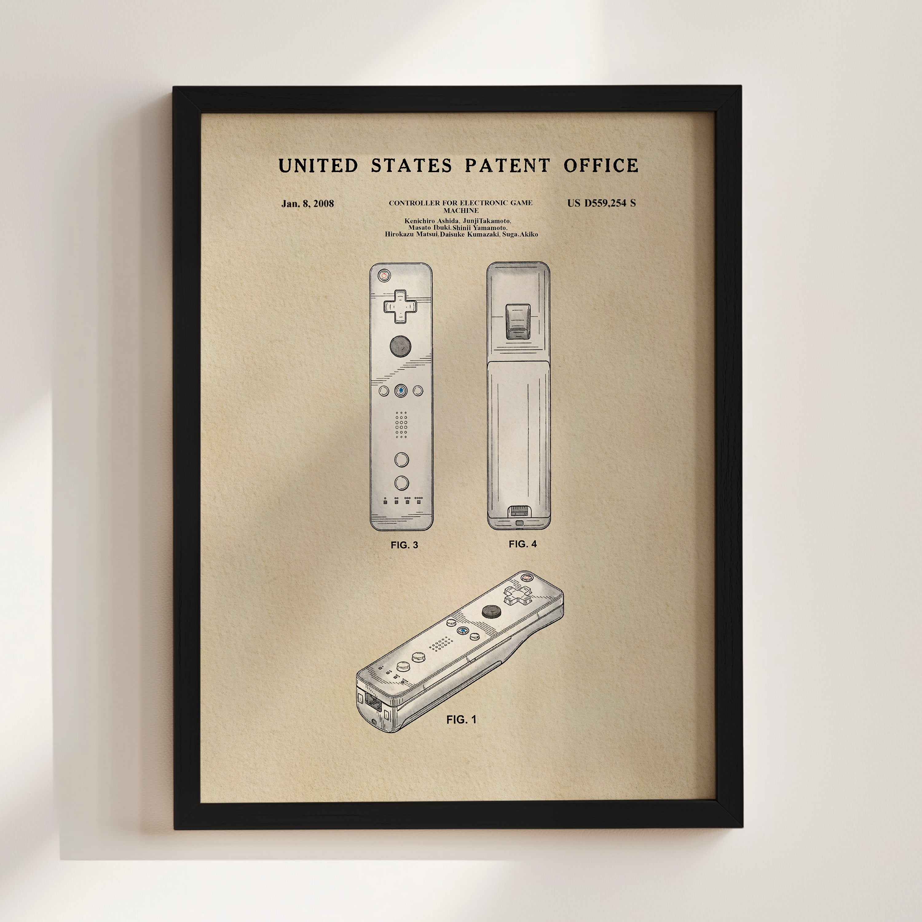 The image is a framed patent drawing depicting two Wii controllers, labeled as Fig. 3 and Fig. 4, with the United States Patent Office's copyright notice and date.