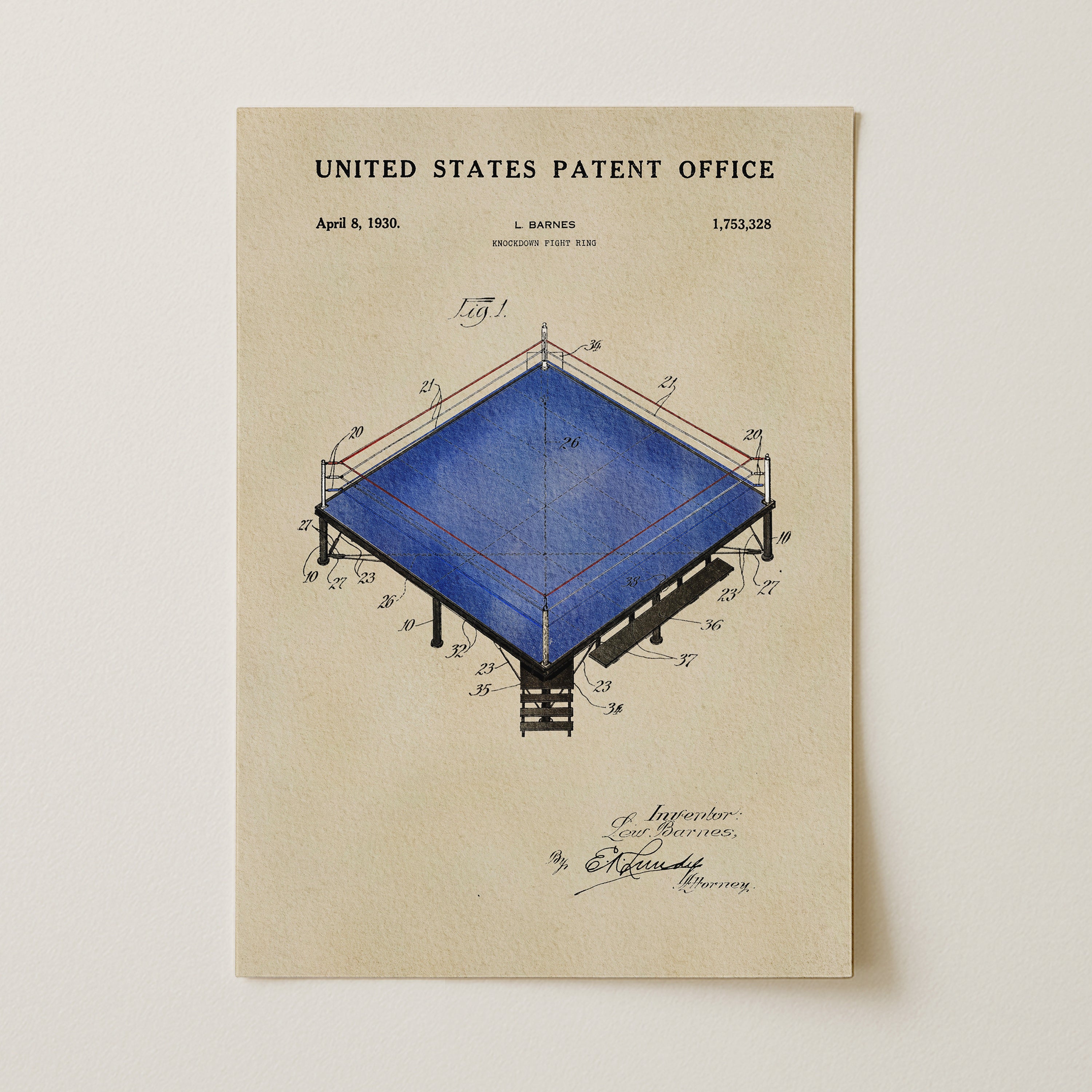The image is a patent drawing from the United States Patent Office, depicting a blue structure with various technical drawings and annotations.
