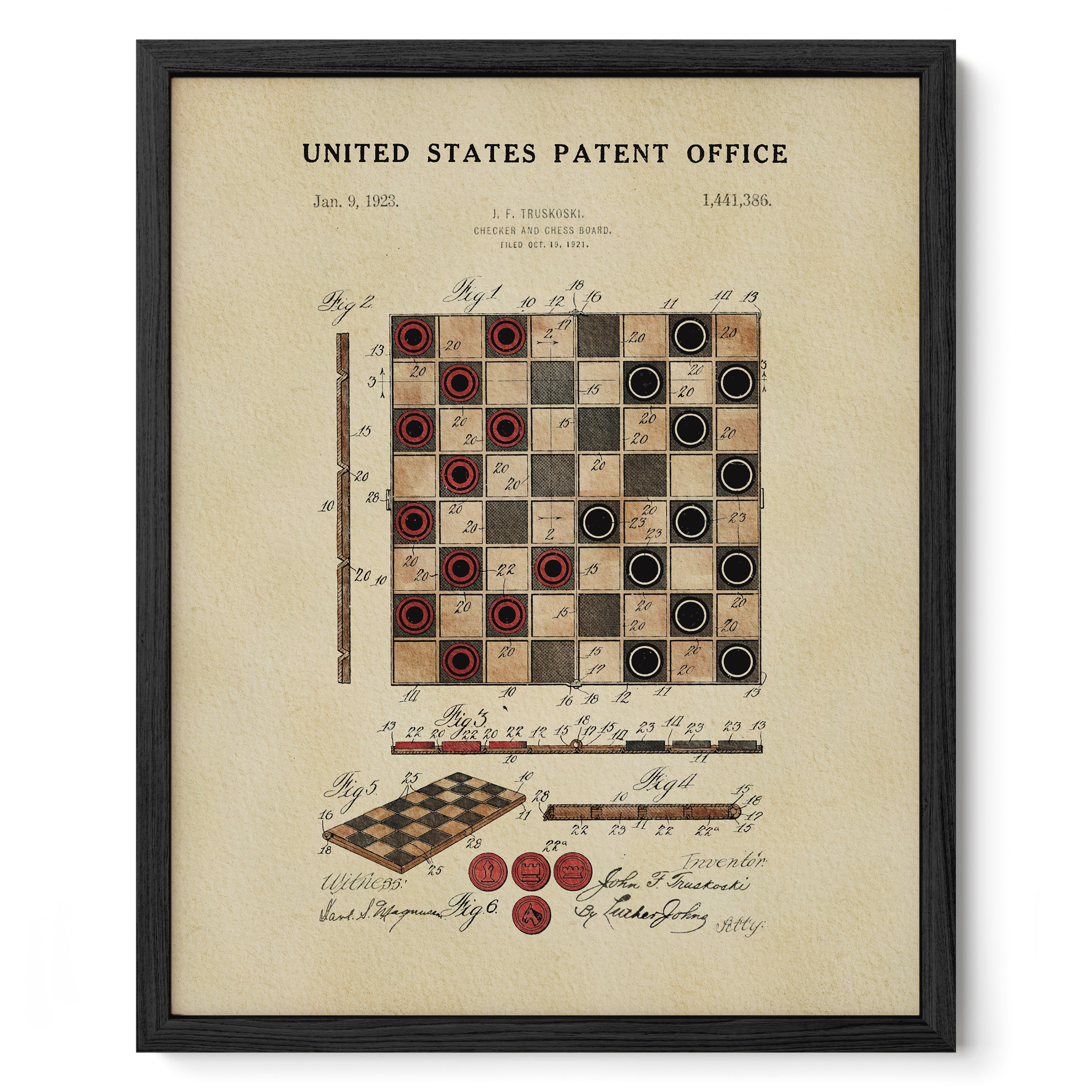 The image is a framed print depicting a checkerboard with red and black checkers, along with a patent application from the United States Patent Office dated Jan. 9, 1928.