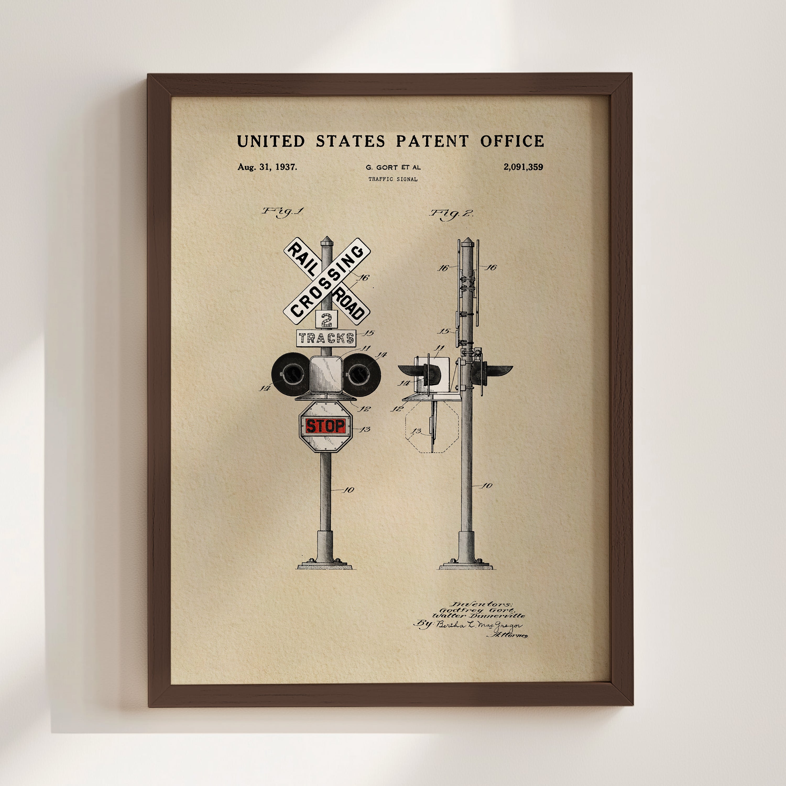 The image is a framed vintage railroad crossing patent drawing from 1937, depicting a railroad crossing with a stop sign and a railroad crossing sign.