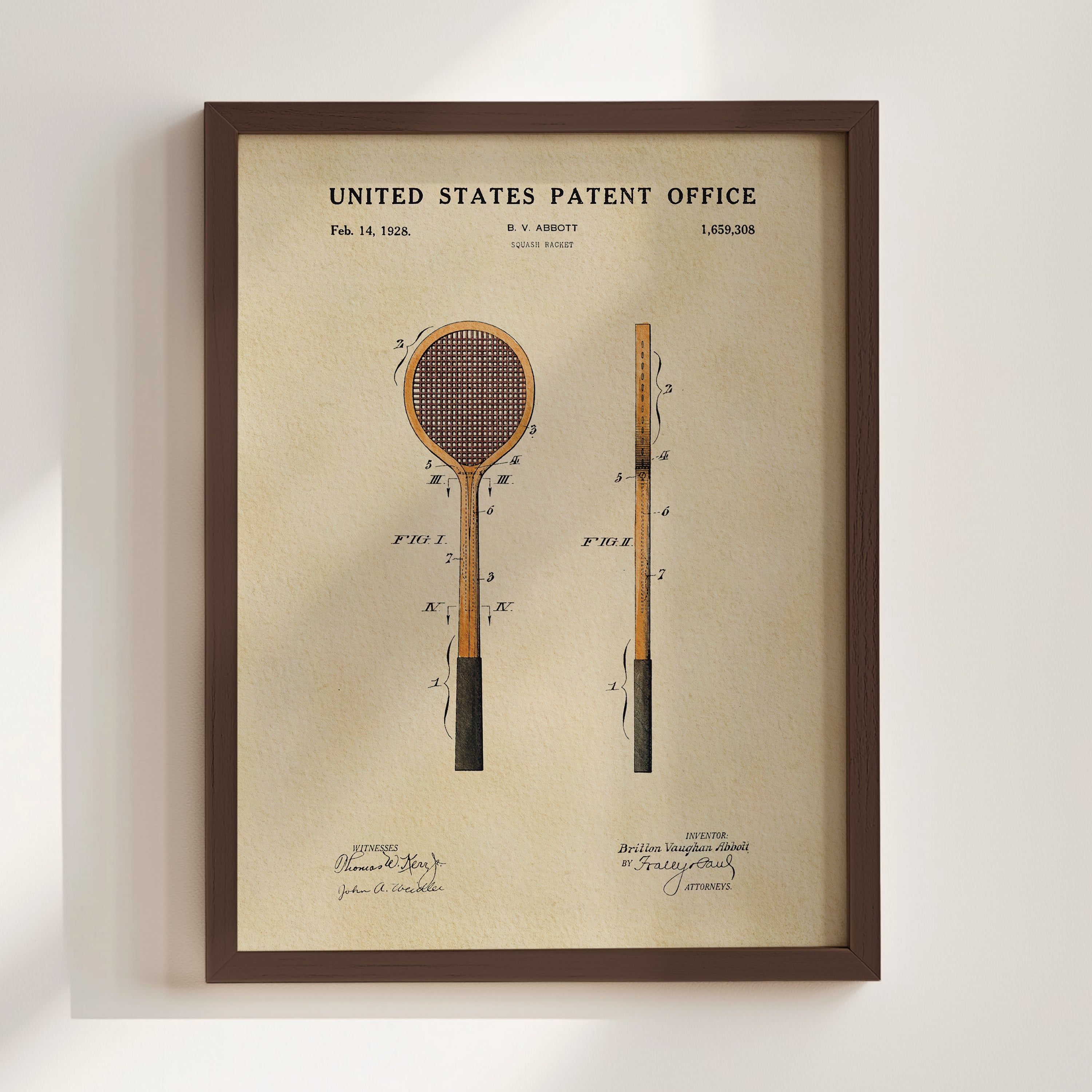The image is a framed patent drawing depicting a tennis racket, with the United States Patent Office and the patent filing date visible.