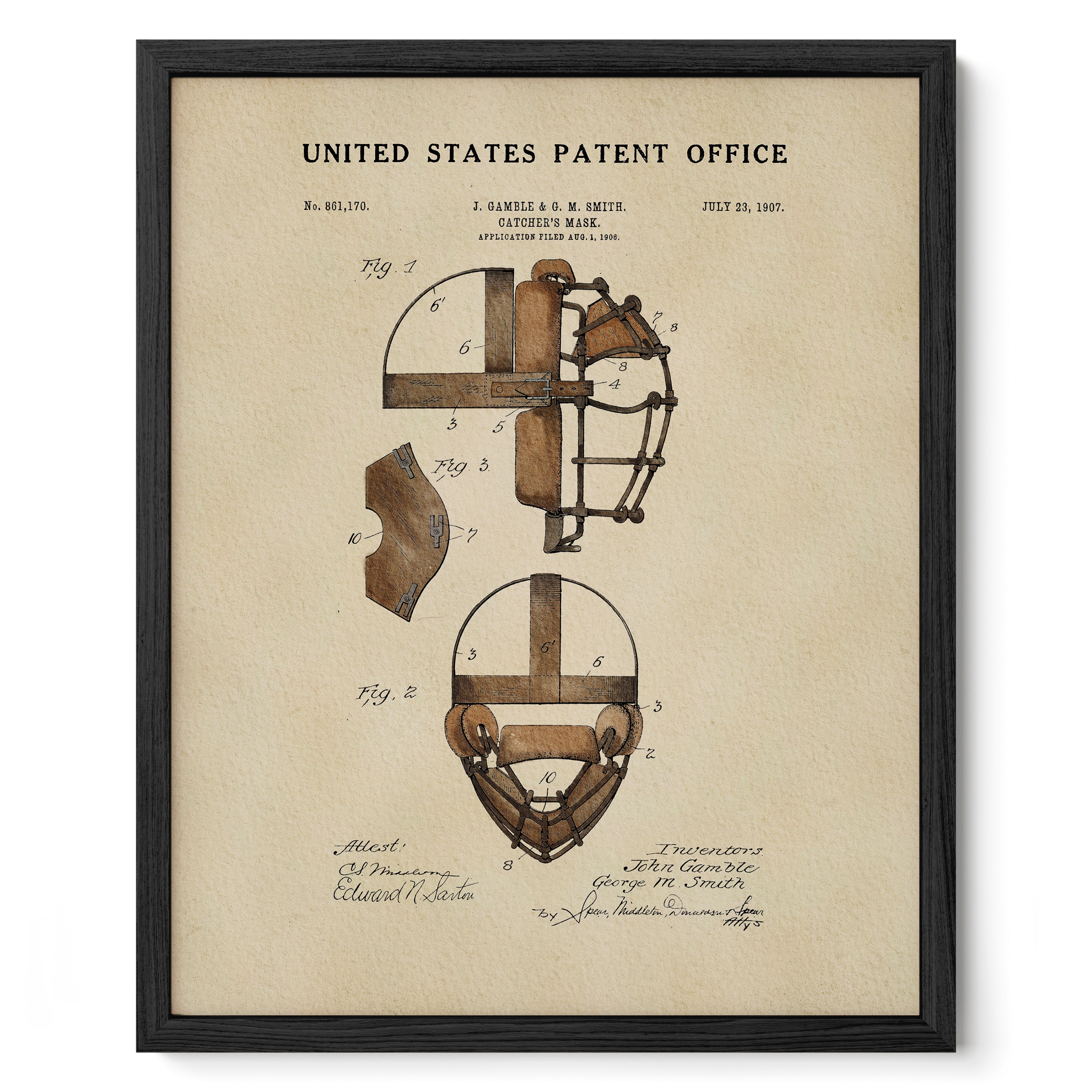 The image is a framed patent drawing depicting a baseball catcher's mask, which is a piece of protective equipment used by baseball players to catch the ball.