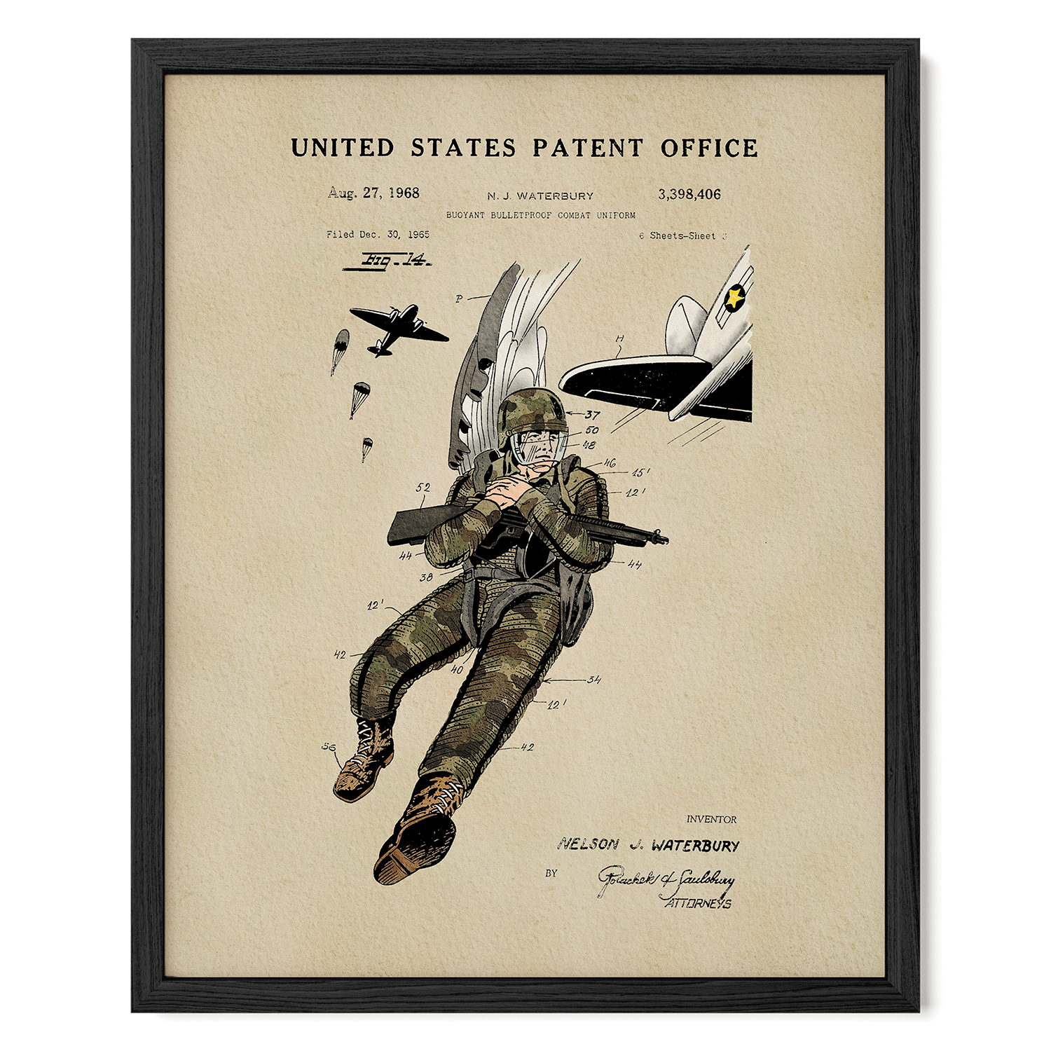 The image is a framed patent drawing depicting a parachutist in military gear, with a military aircraft and parachutes in the background.