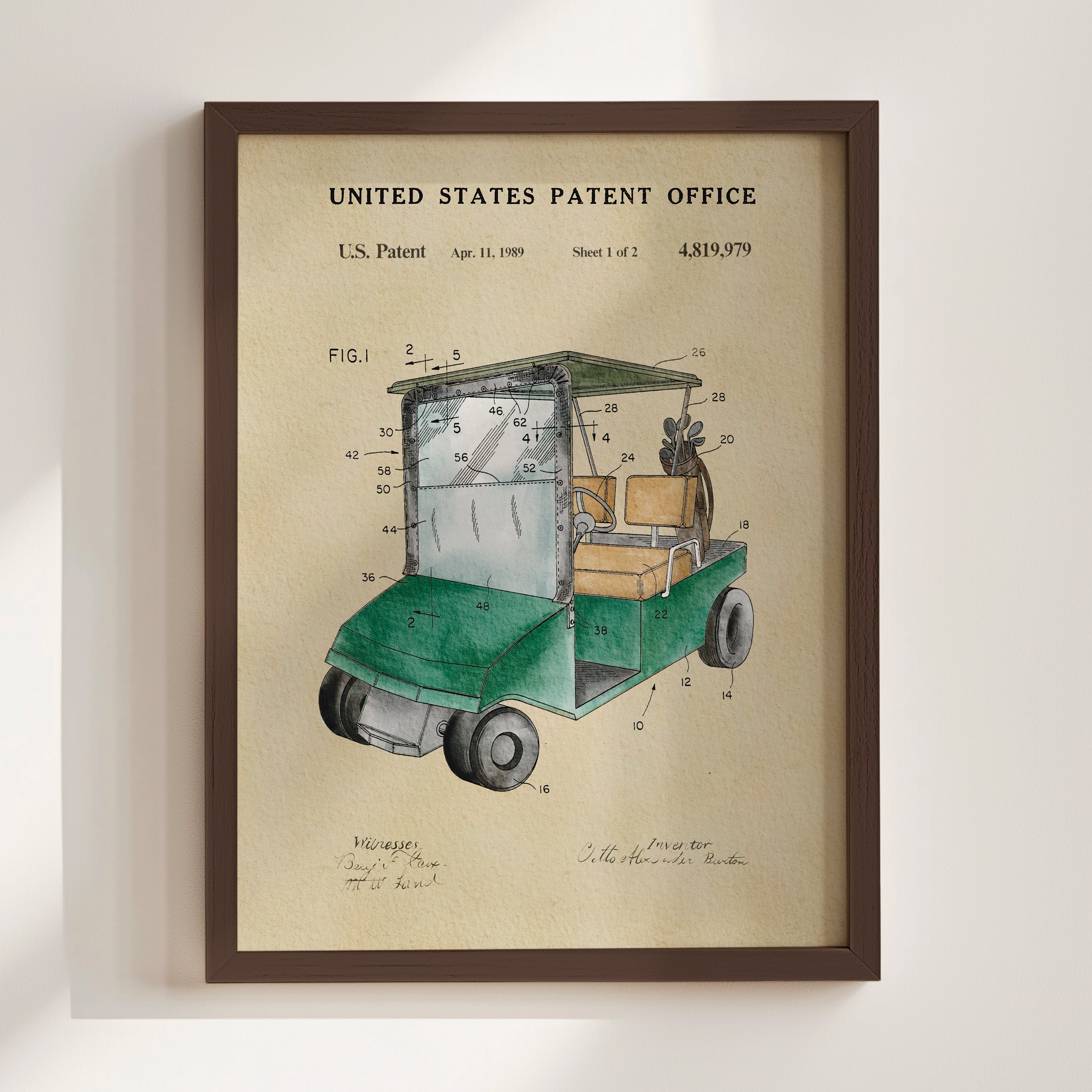 The image is a framed patent drawing depicting a golf cart, with various technical drawings and labels surrounding it.