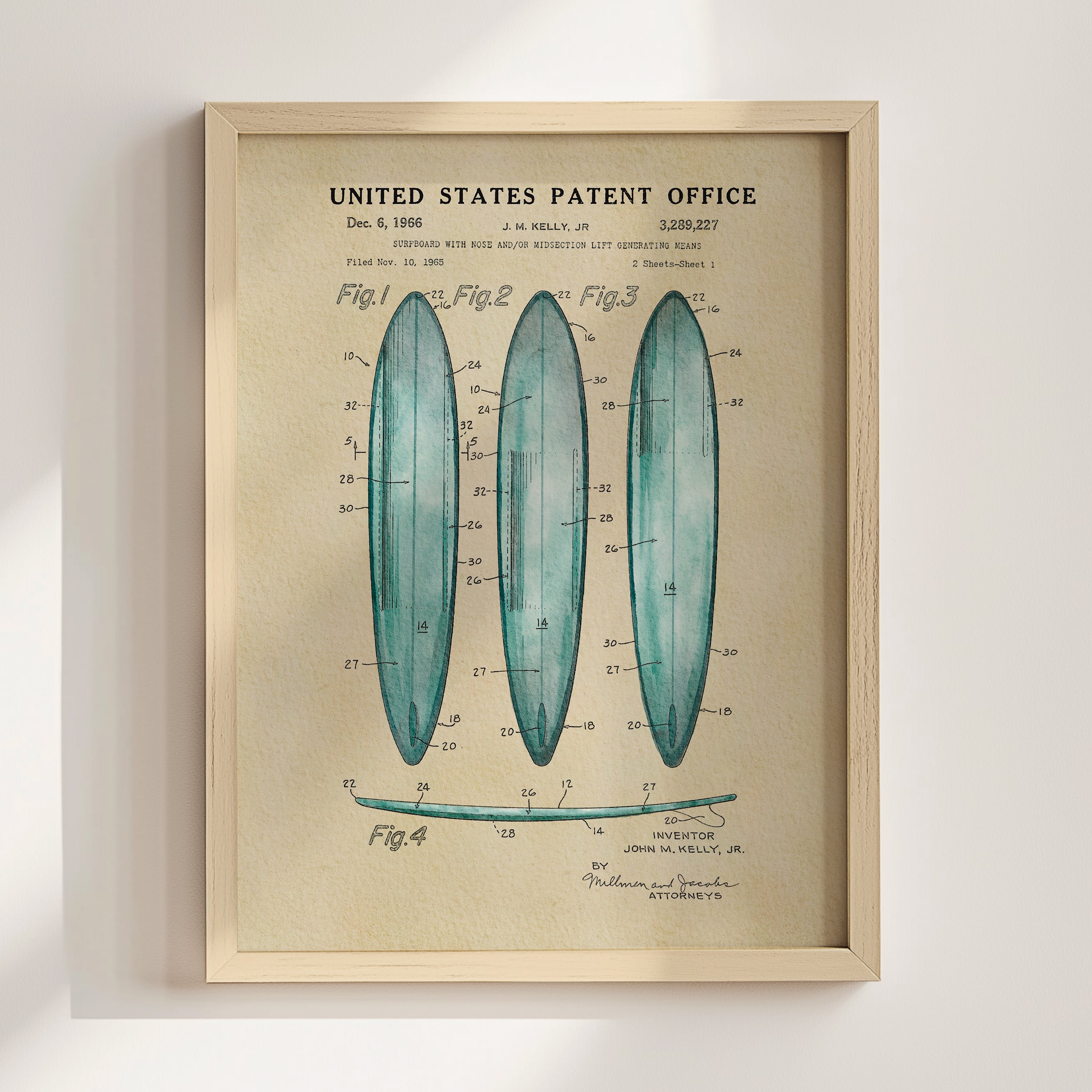 The image is a framed print of a United States patent office patent from December 6, 1966, featuring three blue surfboards with detailed technical drawings and labels.