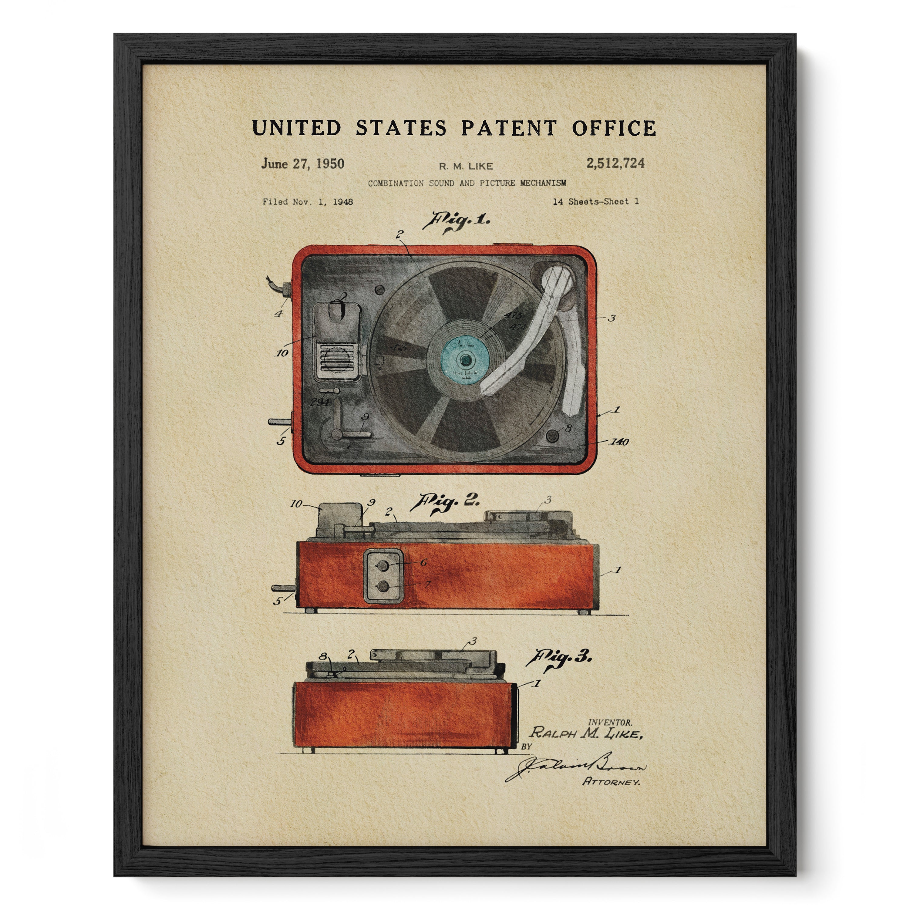 The image is a framed patent drawing of a radio or sound machine from the United States, dated June 27, 1950. It features a detailed illustration of the device, including its components and design.