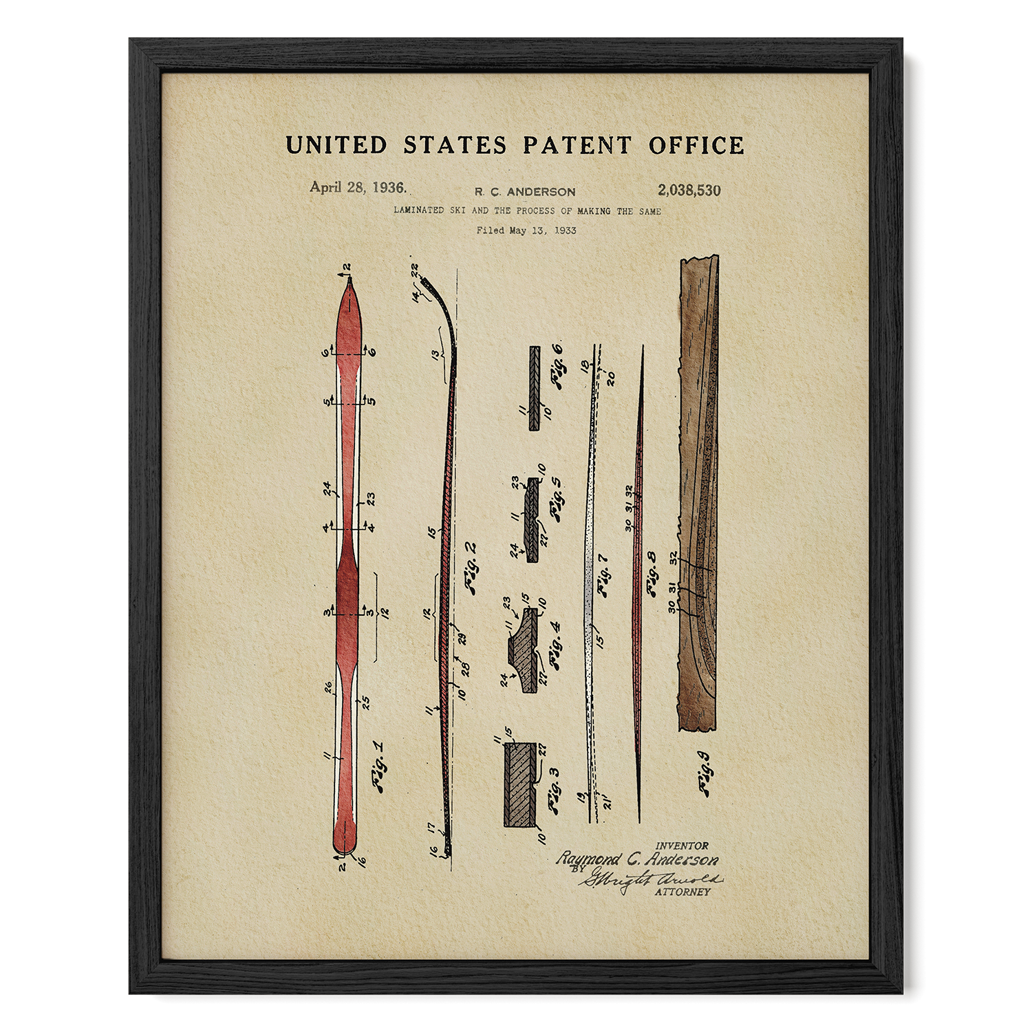 The image is a framed patent drawing depicting a ski and its components, including the ski itself and various tools used in the skiing process.