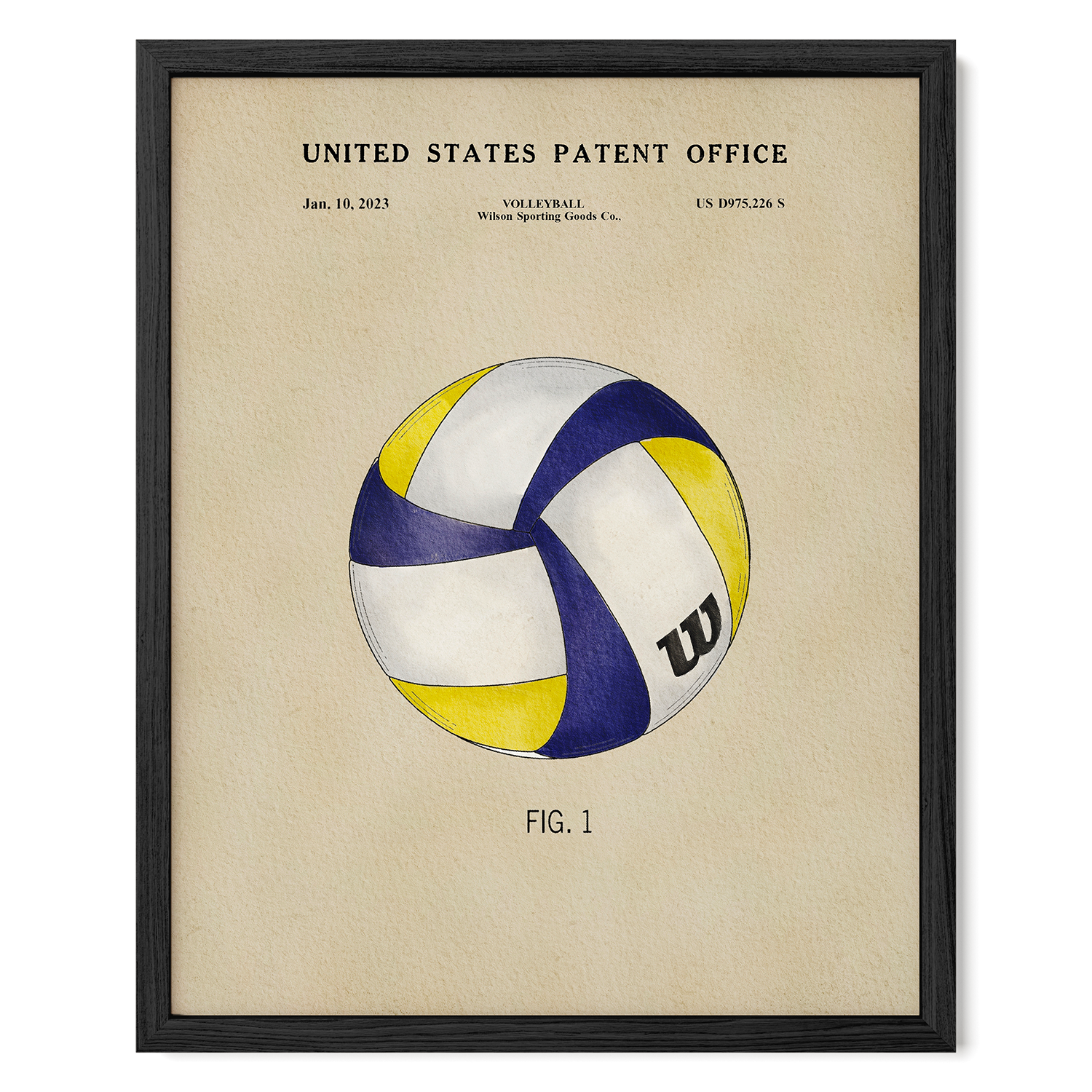 The image is a framed print of a volleyball patent from the United States Patent Office, dated January 10, 1923, and featuring a drawing of a volleyball.