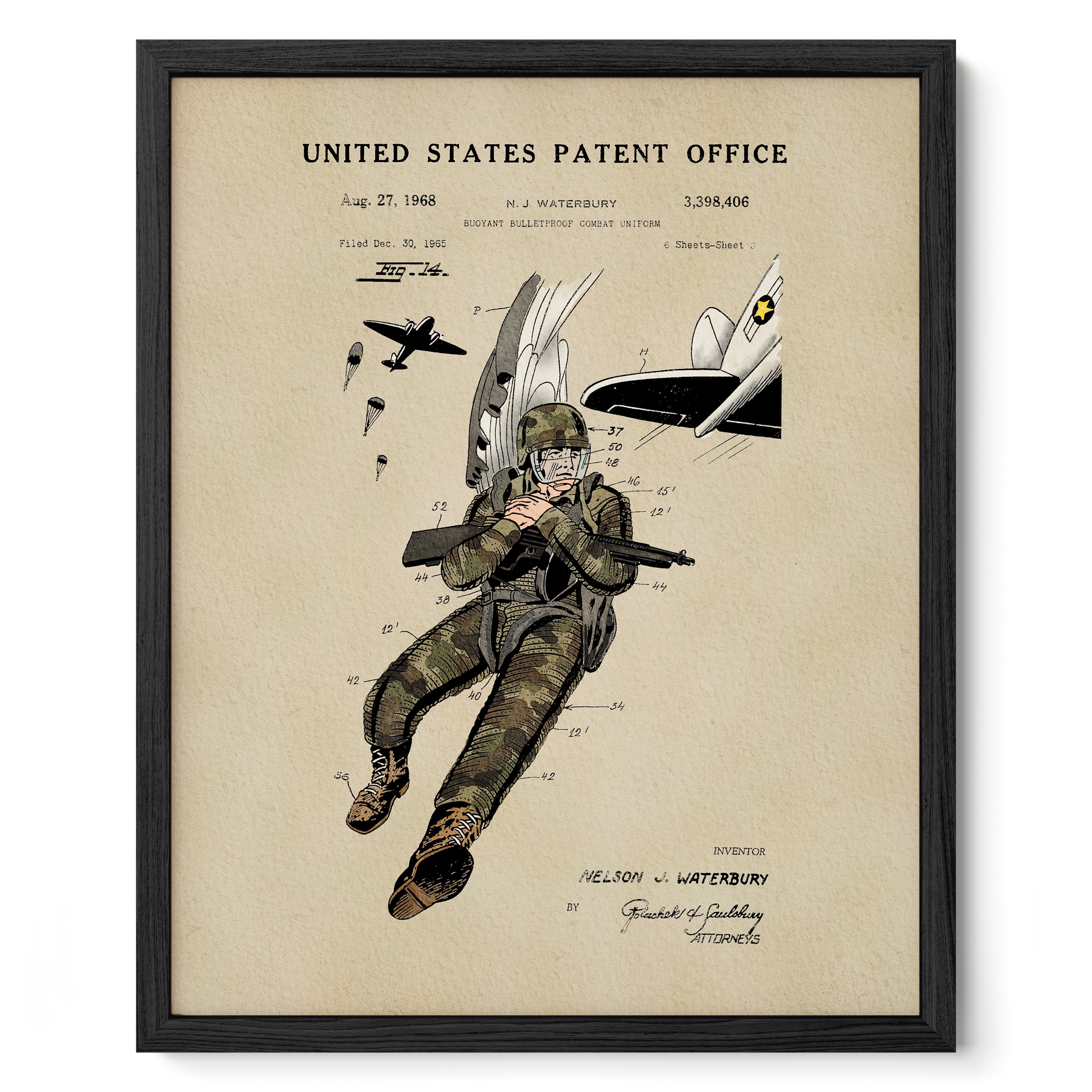 The image is a framed patent drawing depicting a parachutist in military gear, with a military aircraft and parachutes in the background.