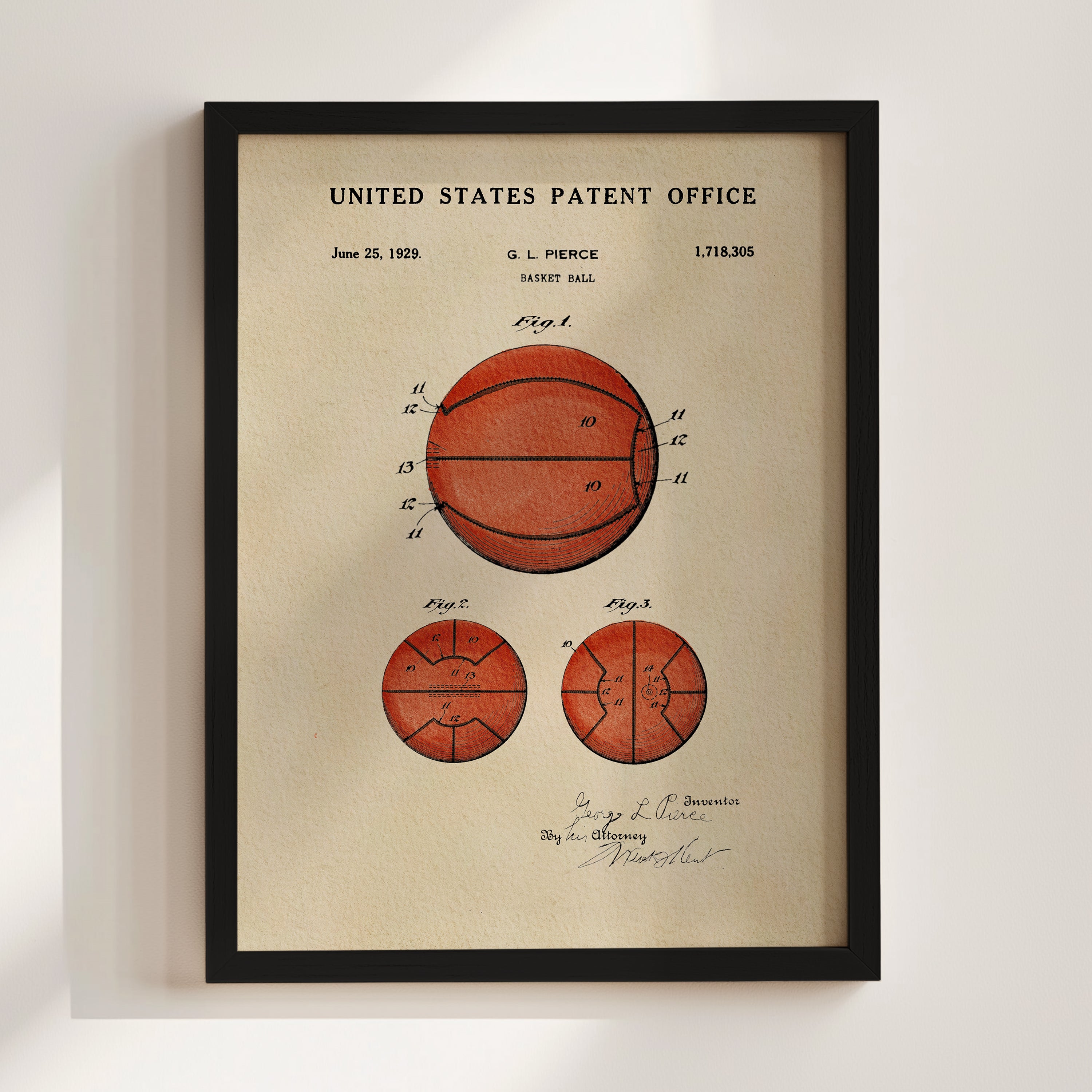 The image is a framed vintage patent drawing of a basketball, depicting the design and features of the ball.