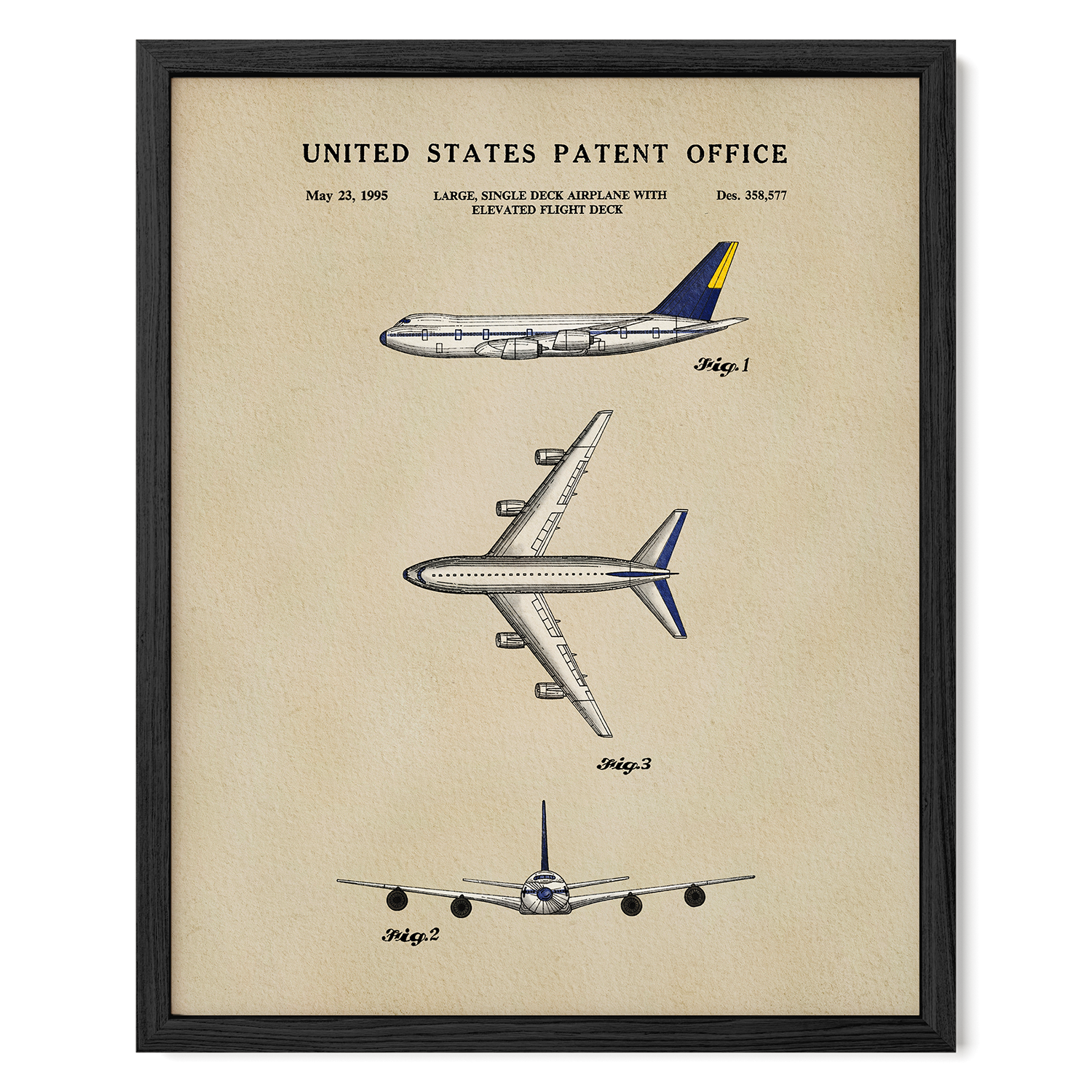 The image is a framed patent drawing depicting three different airplanes, including a large single-deck airplane with an elevated flight deck.