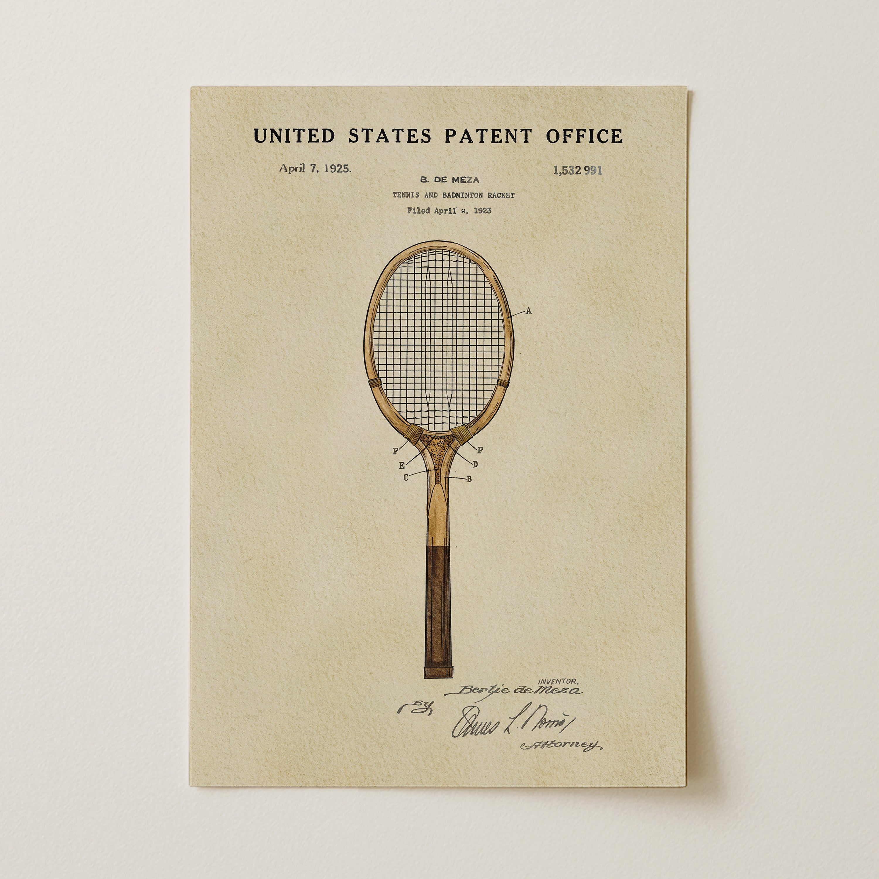 The image is a printed page from the United States Patent Office, featuring a detailed illustration of a tennis racket with a grid pattern on the head.