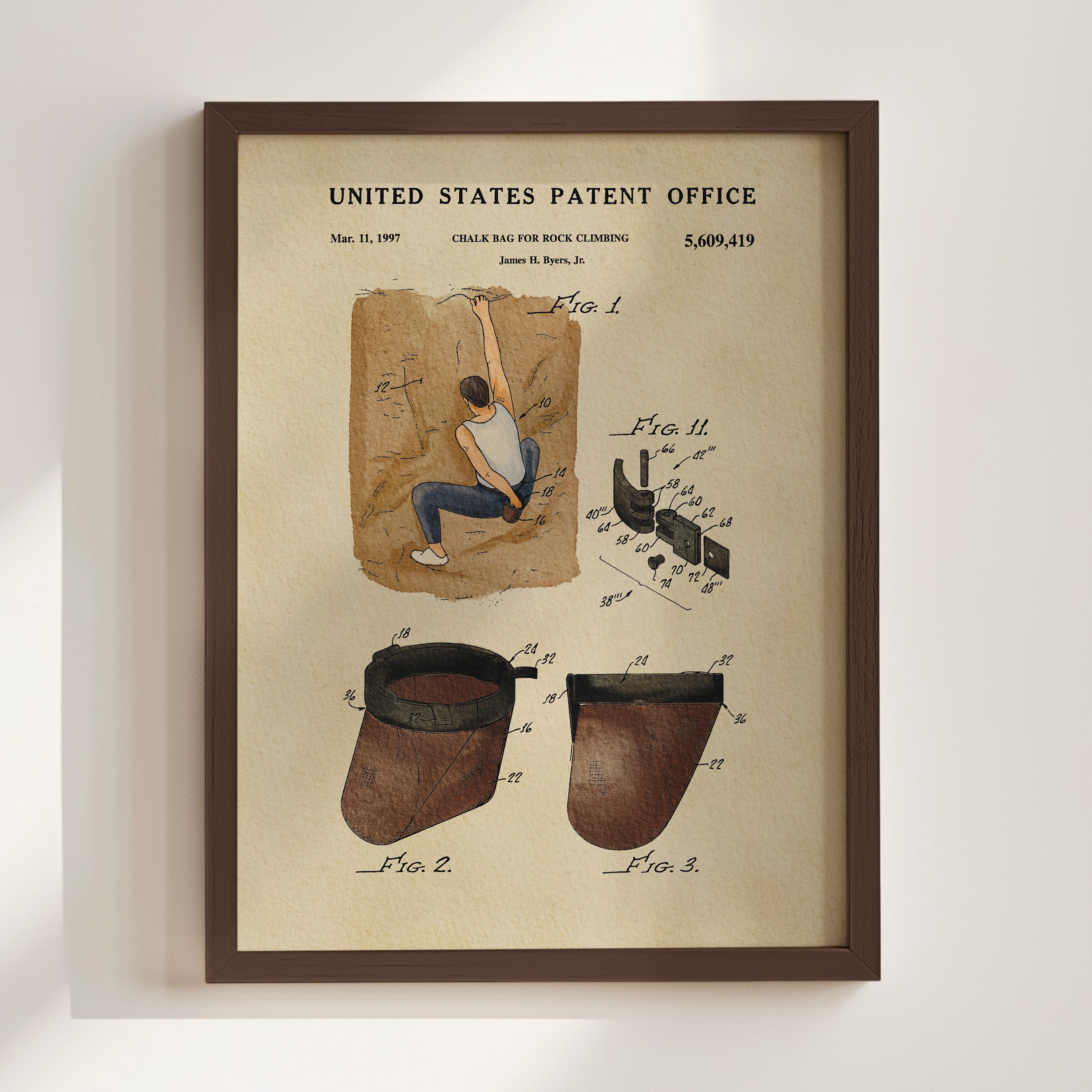 The image is a framed patent drawing depicting a person climbing on a rock face, with detailed technical drawings and annotations.