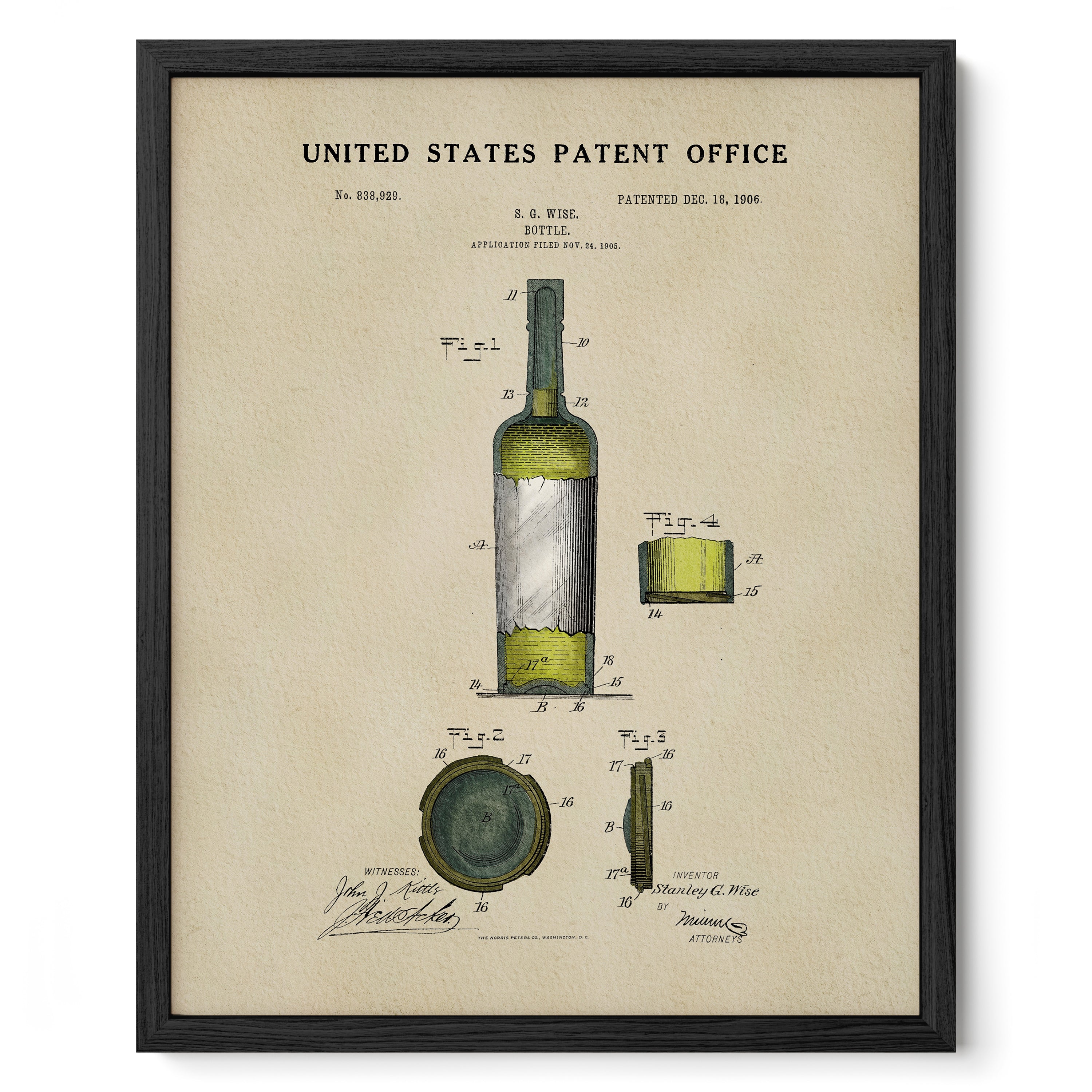 The image is a framed vintage patent drawing of a wine bottle, depicting its design and features.