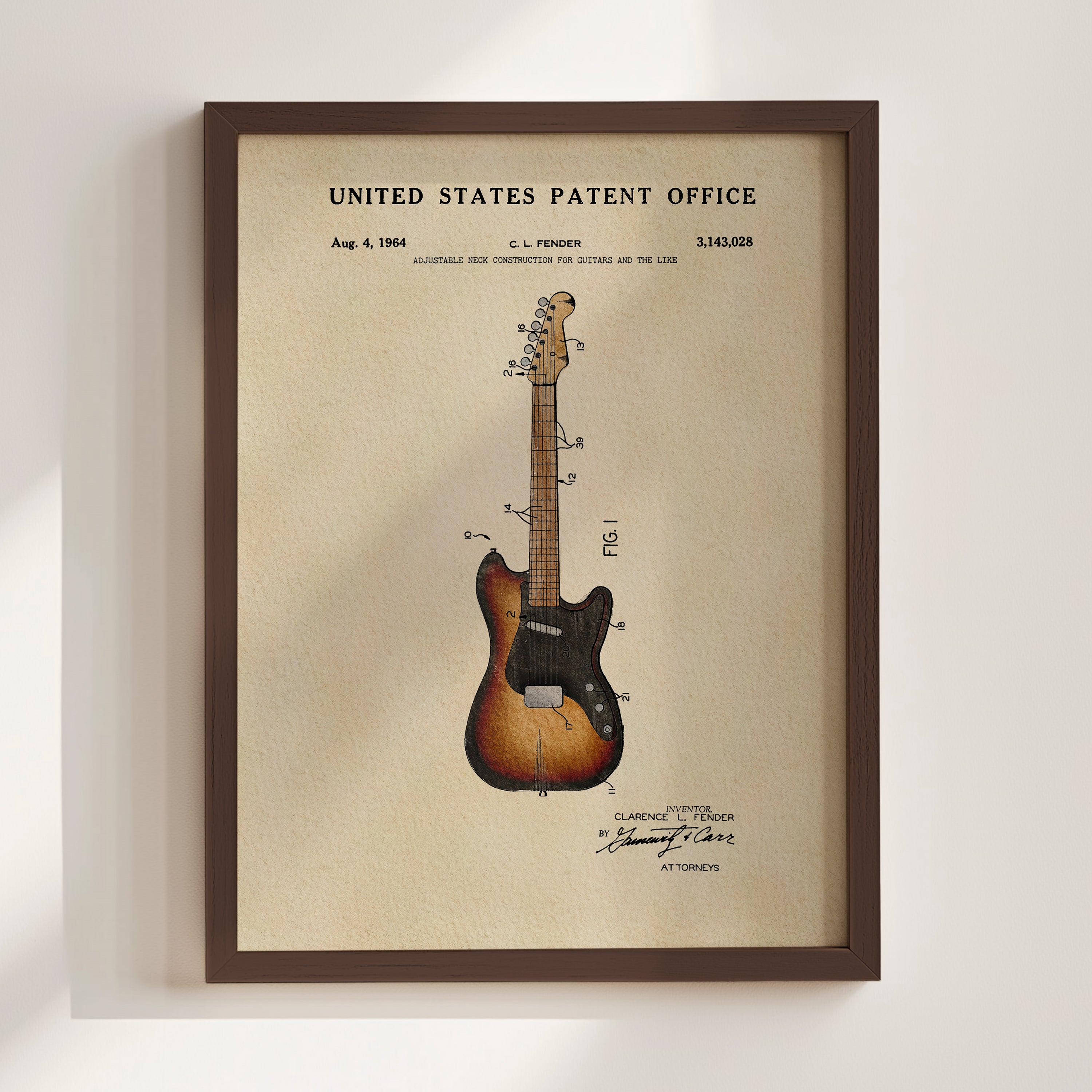 The image is a framed patent drawing of a guitar, depicting the design and construction of the guitar.