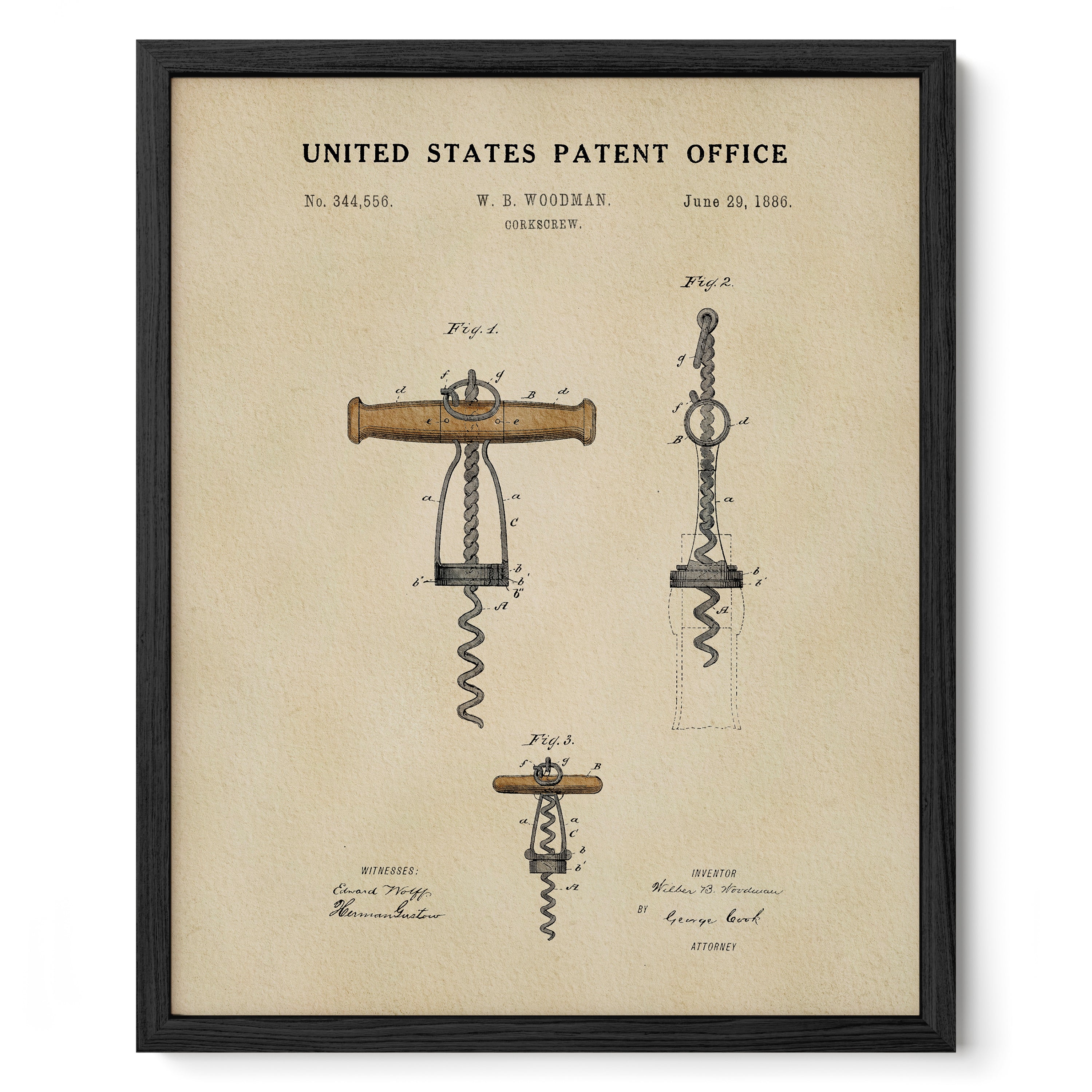 The image is a framed vintage patent drawing depicting a corkscrew, a tool used to remove corks from wine bottles.