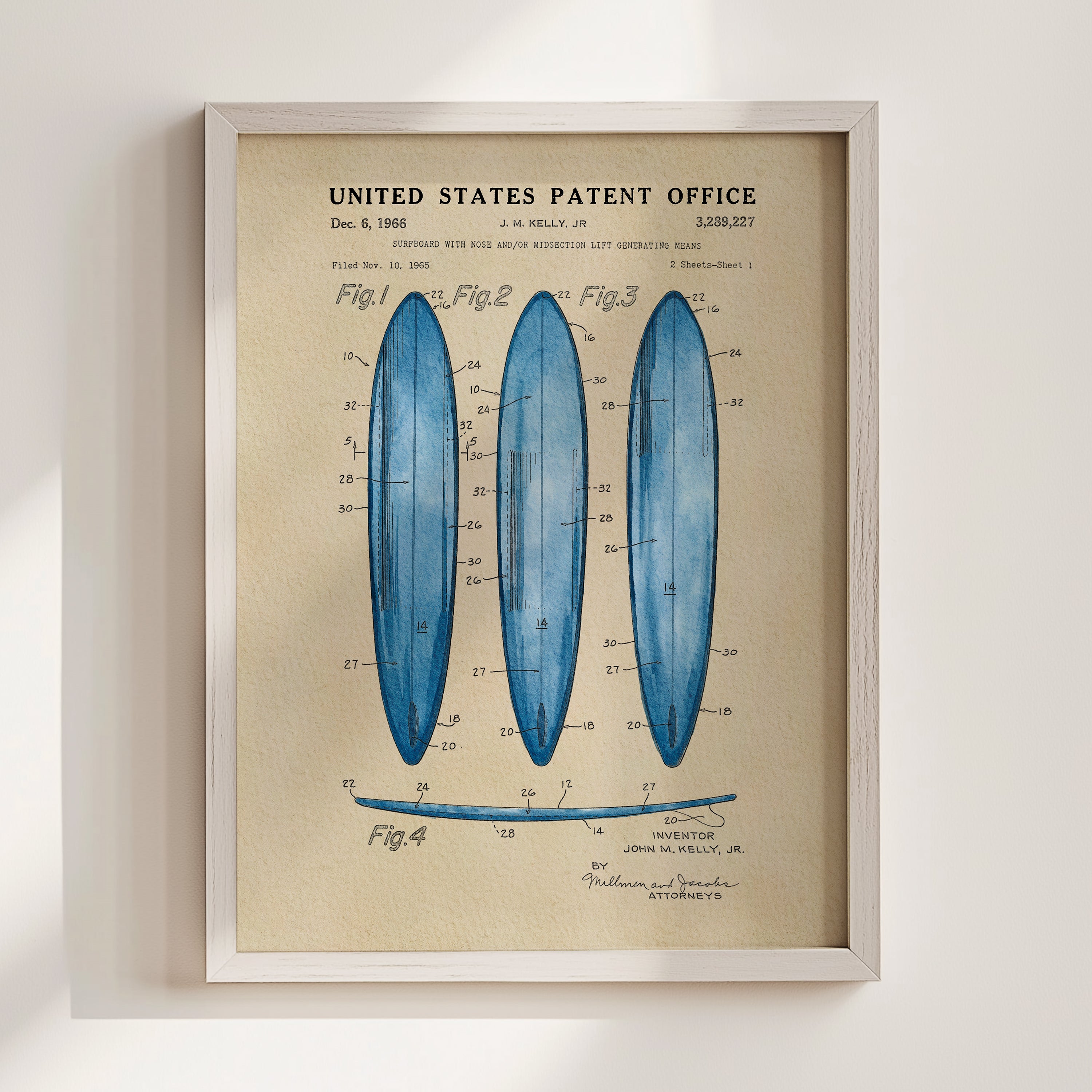 The image is a framed patent drawing depicting three blue surfboards with detailed technical drawings and labels.