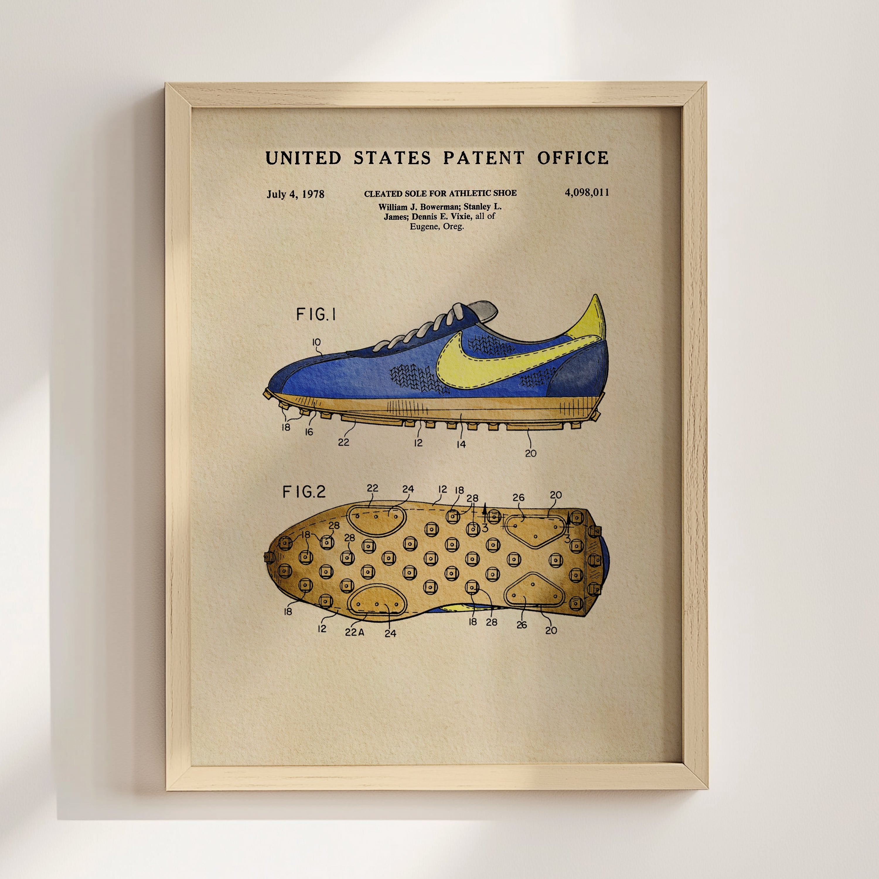 The image is a framed patent drawing depicting a blue and yellow athletic shoe, with detailed technical drawings and labels.