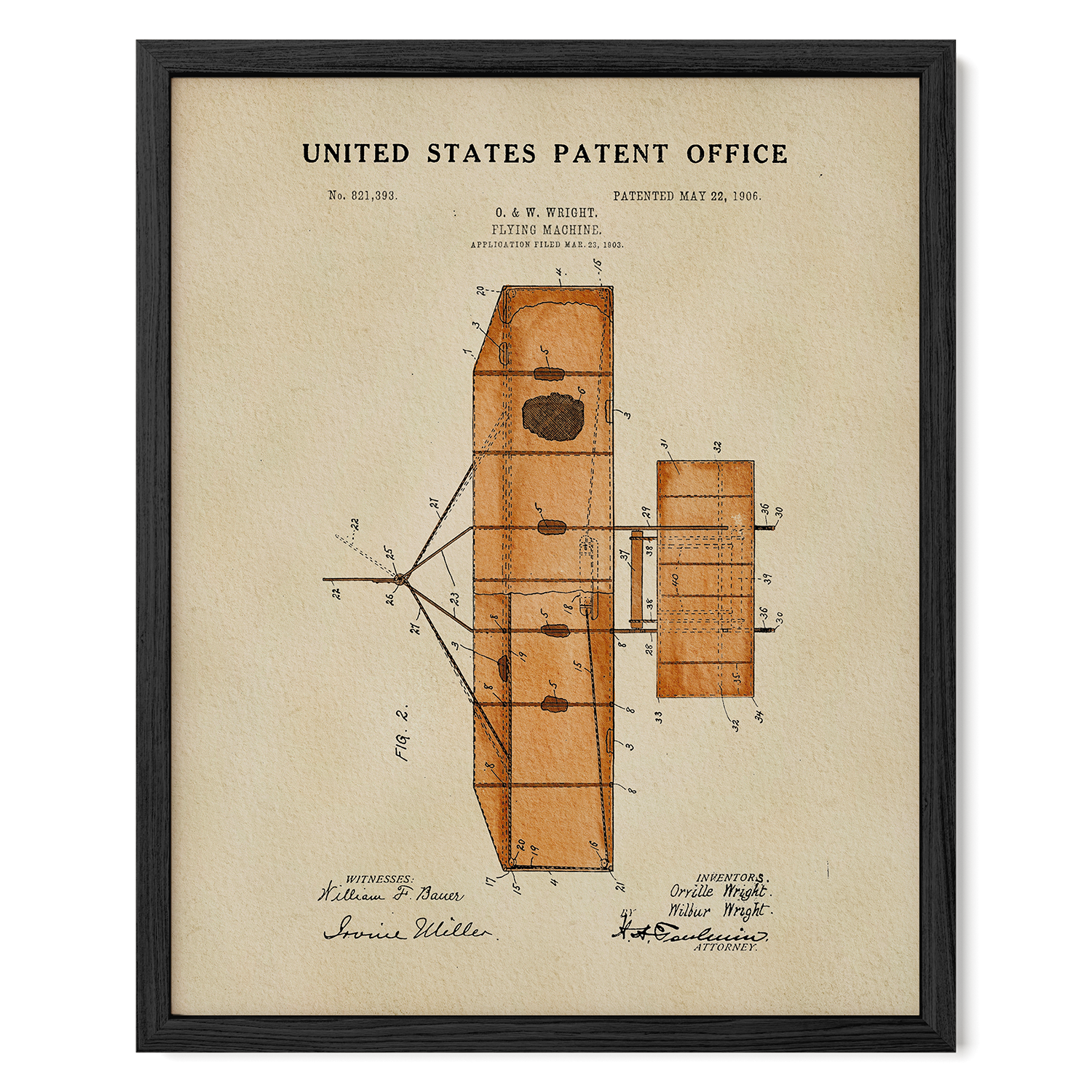 The image is a framed patent drawing from the United States Patent Office, depicting a wooden structure with various geometric shapes and measurements.