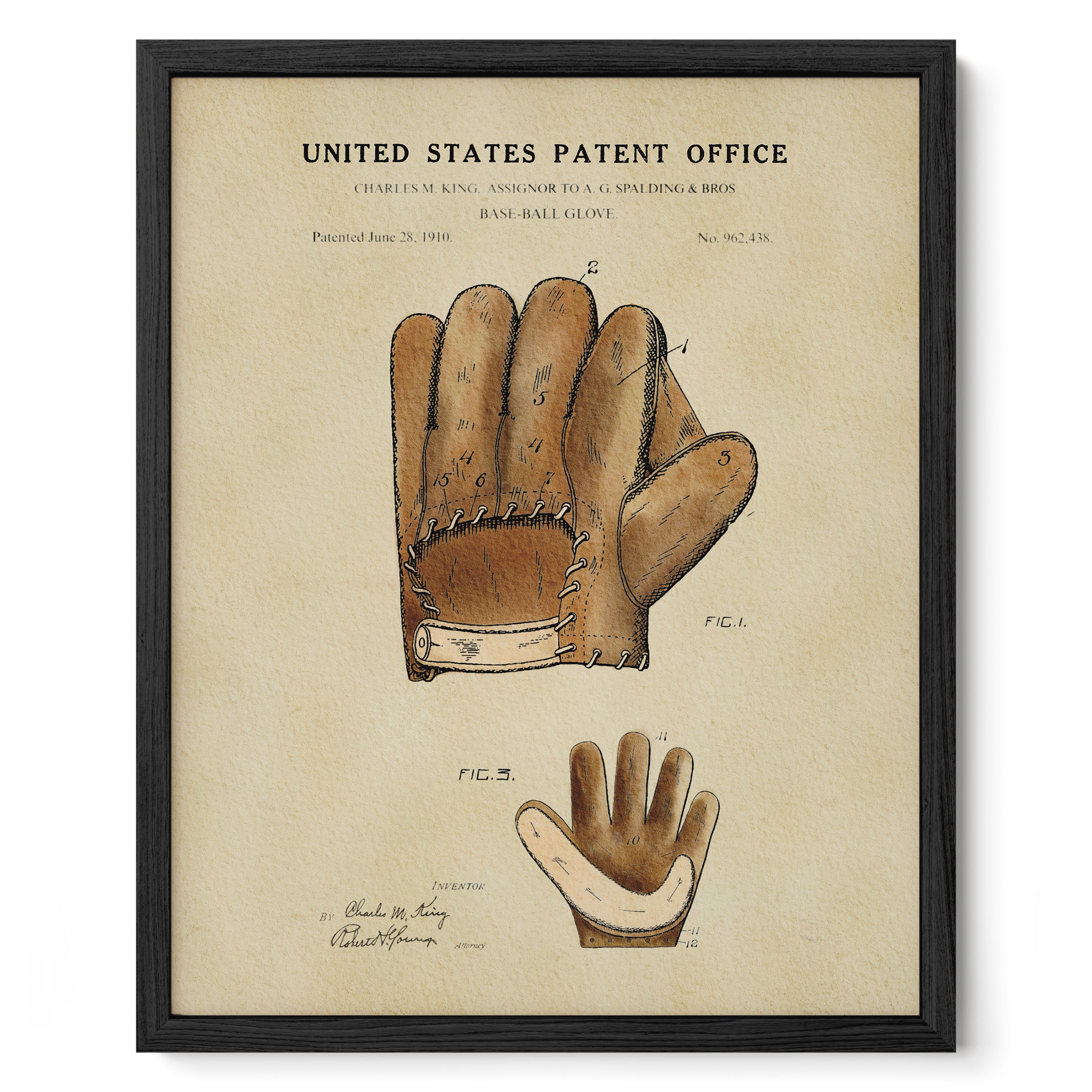 The image is a framed print of a baseball glove patent drawing from the United States Patent Office, dated June 25, 1910.