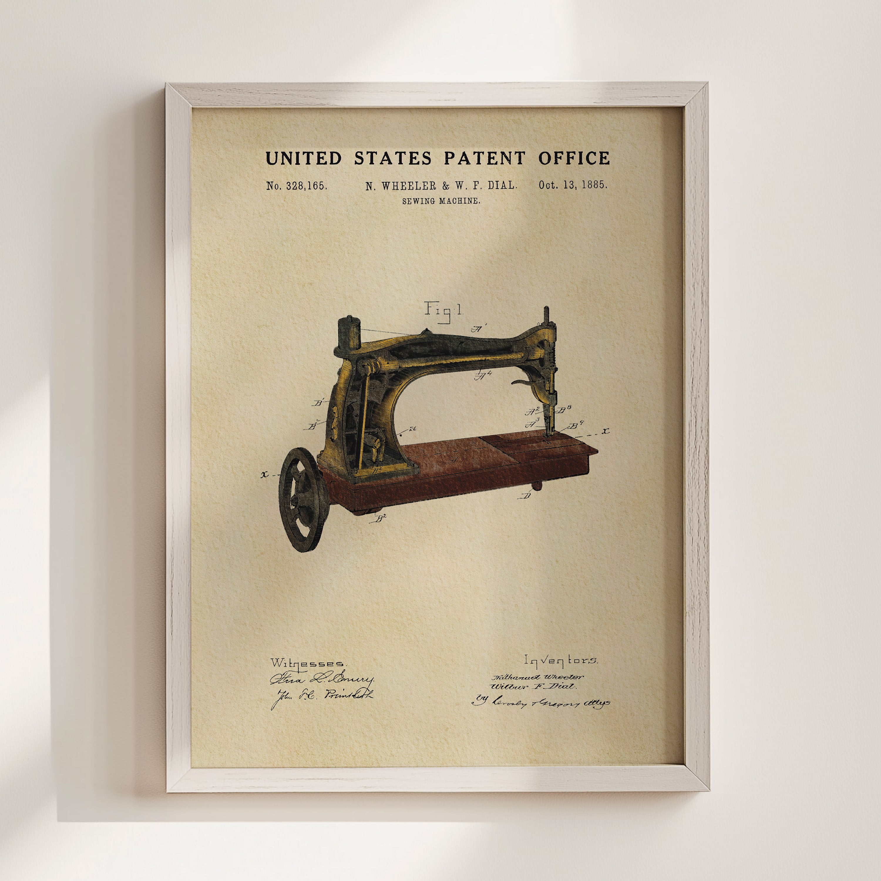The image is a framed print of a sewing machine patent from the United States Patent Office, dated October 13, 1885.