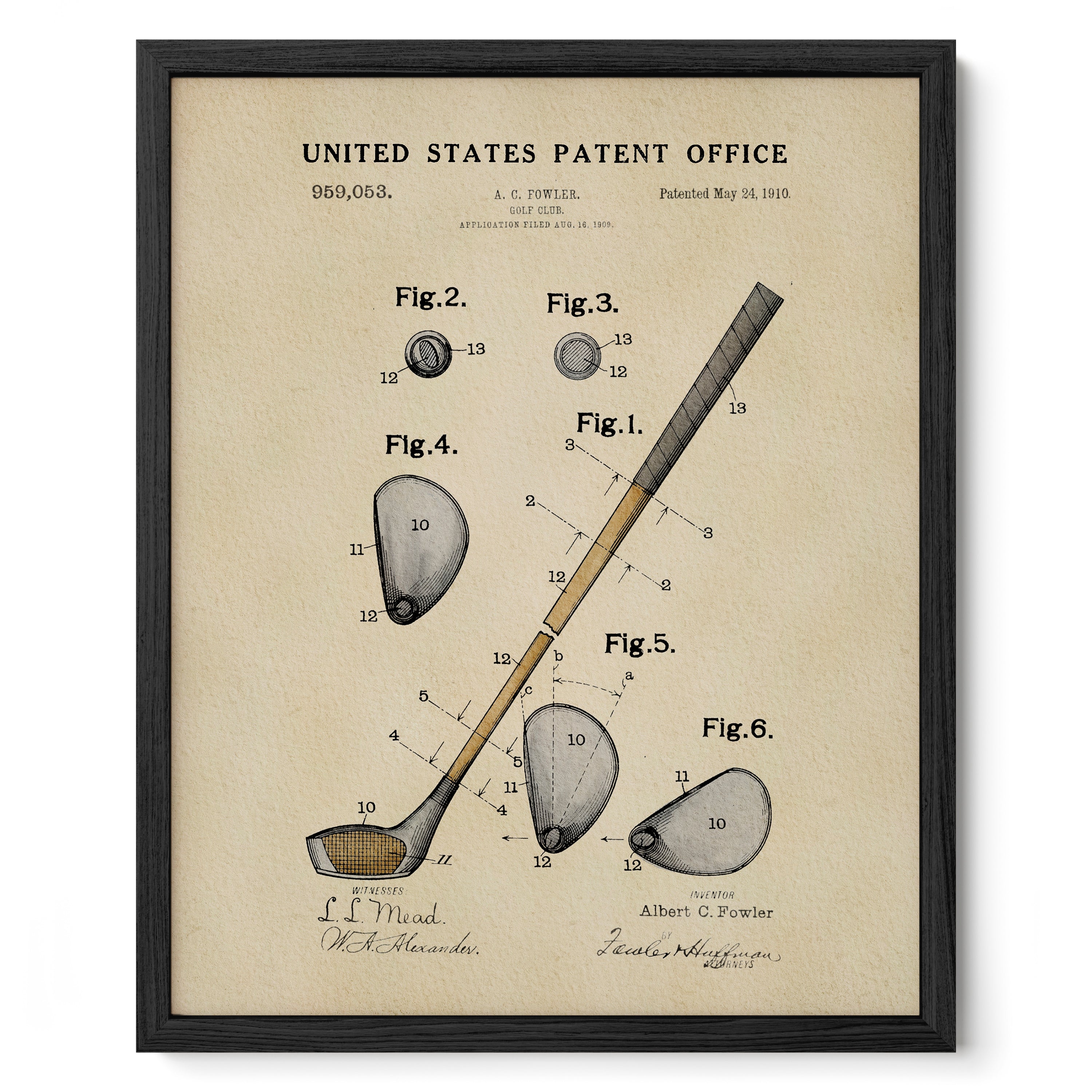 The image is a framed vintage patent drawing depicting a golf club and its components, including the club head, shaft, and club grip.