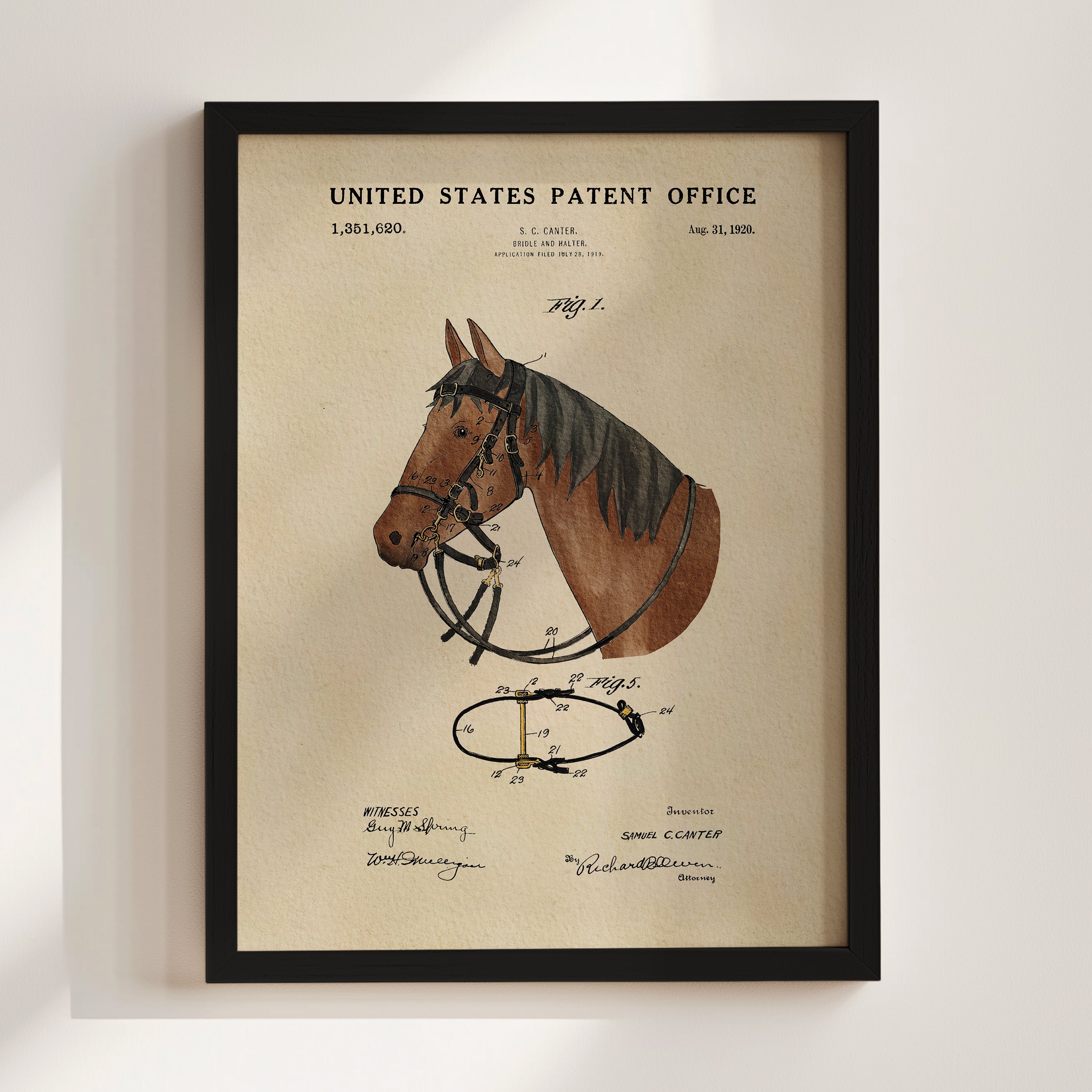 The image is a framed patent drawing of a horse, depicting its head and harness.