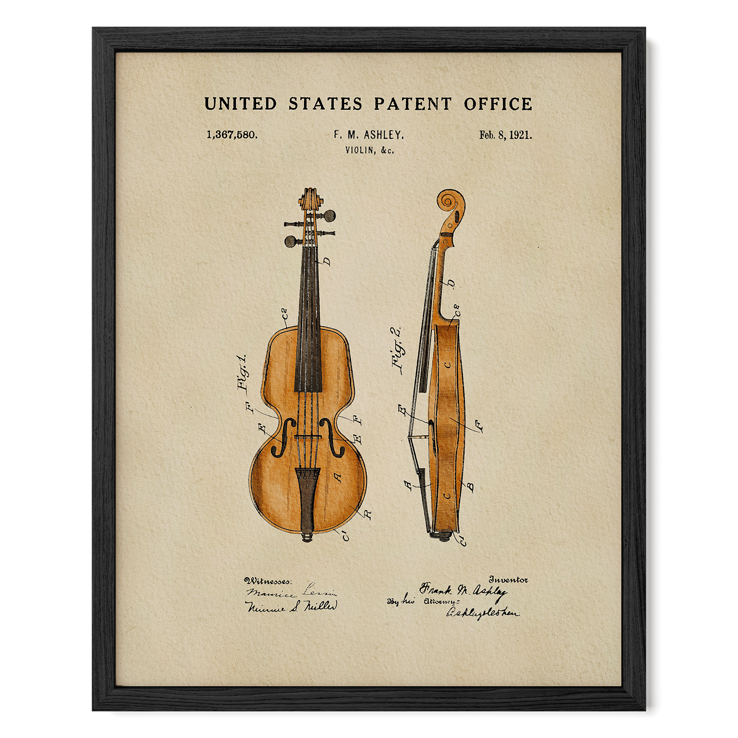 The image is a framed patent drawing of a violin, depicting the instrument in two views.
