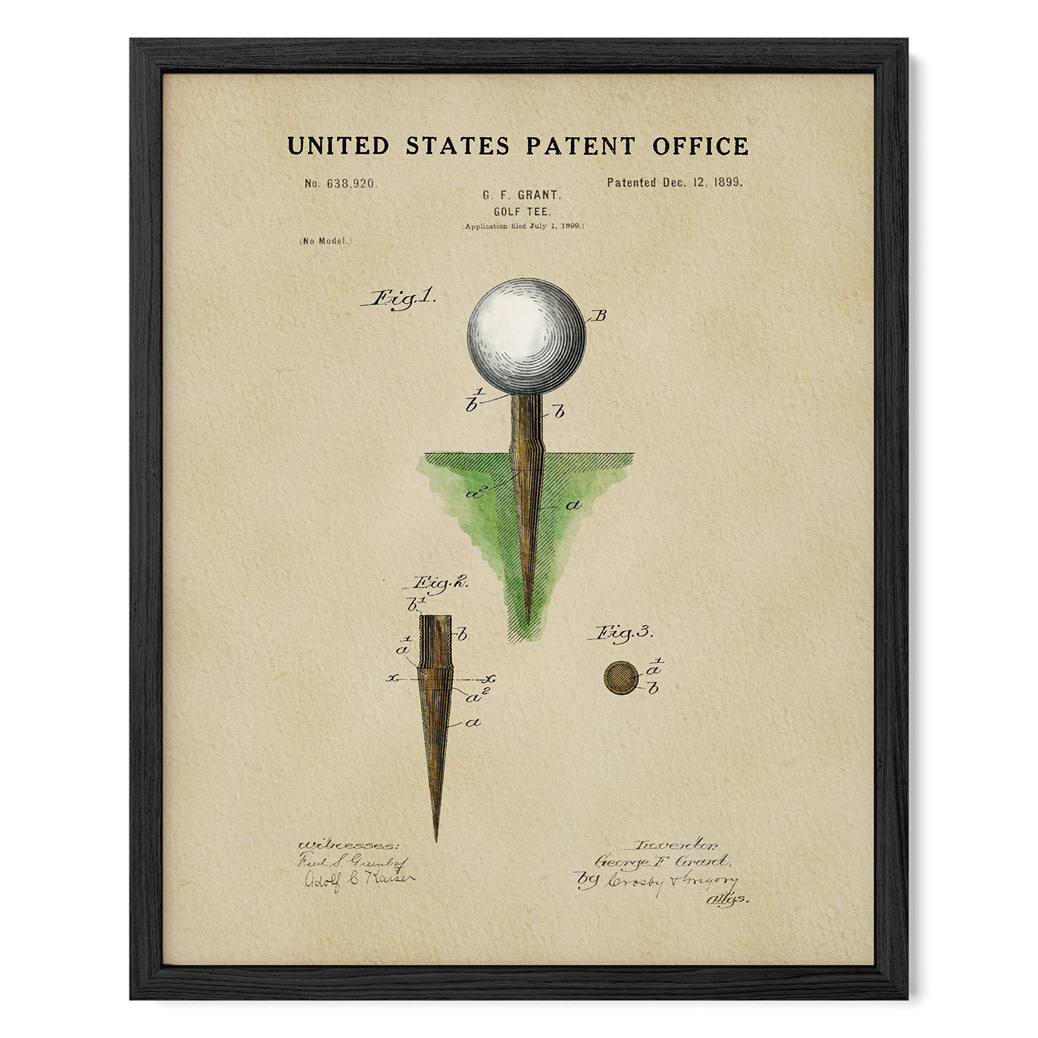 The image is a framed patent drawing depicting a golf club tee with a white ball on top.