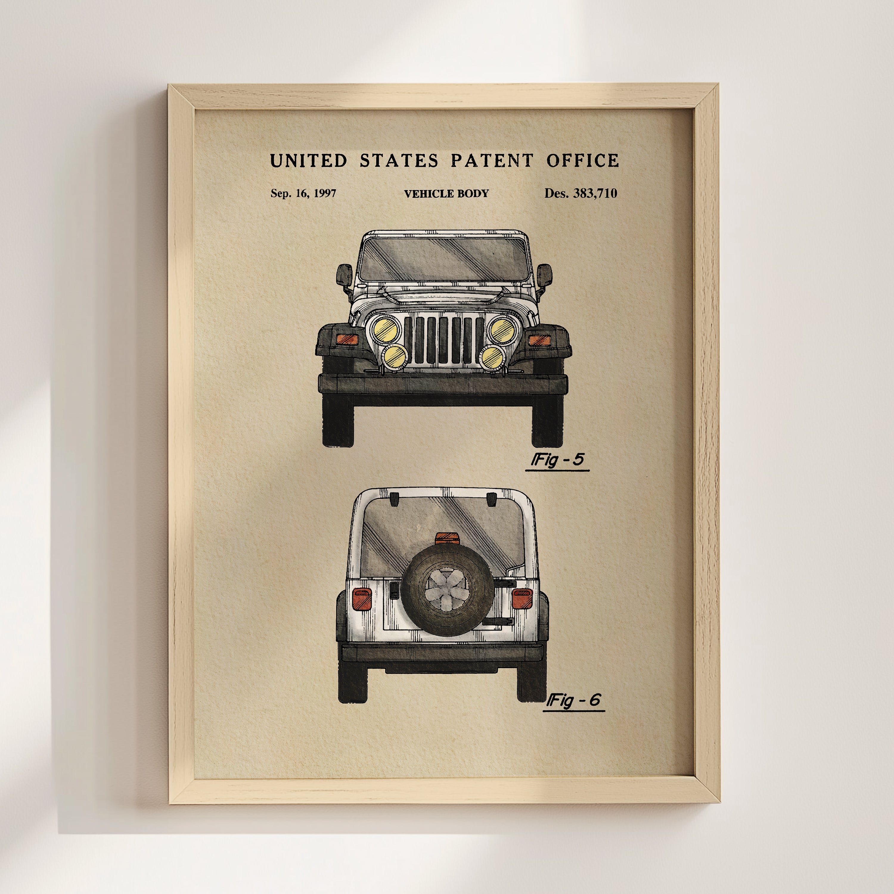The image is a framed print of a vehicle design patent from the United States Patent Office, depicting a Jeep Wrangler from Fig. 5.