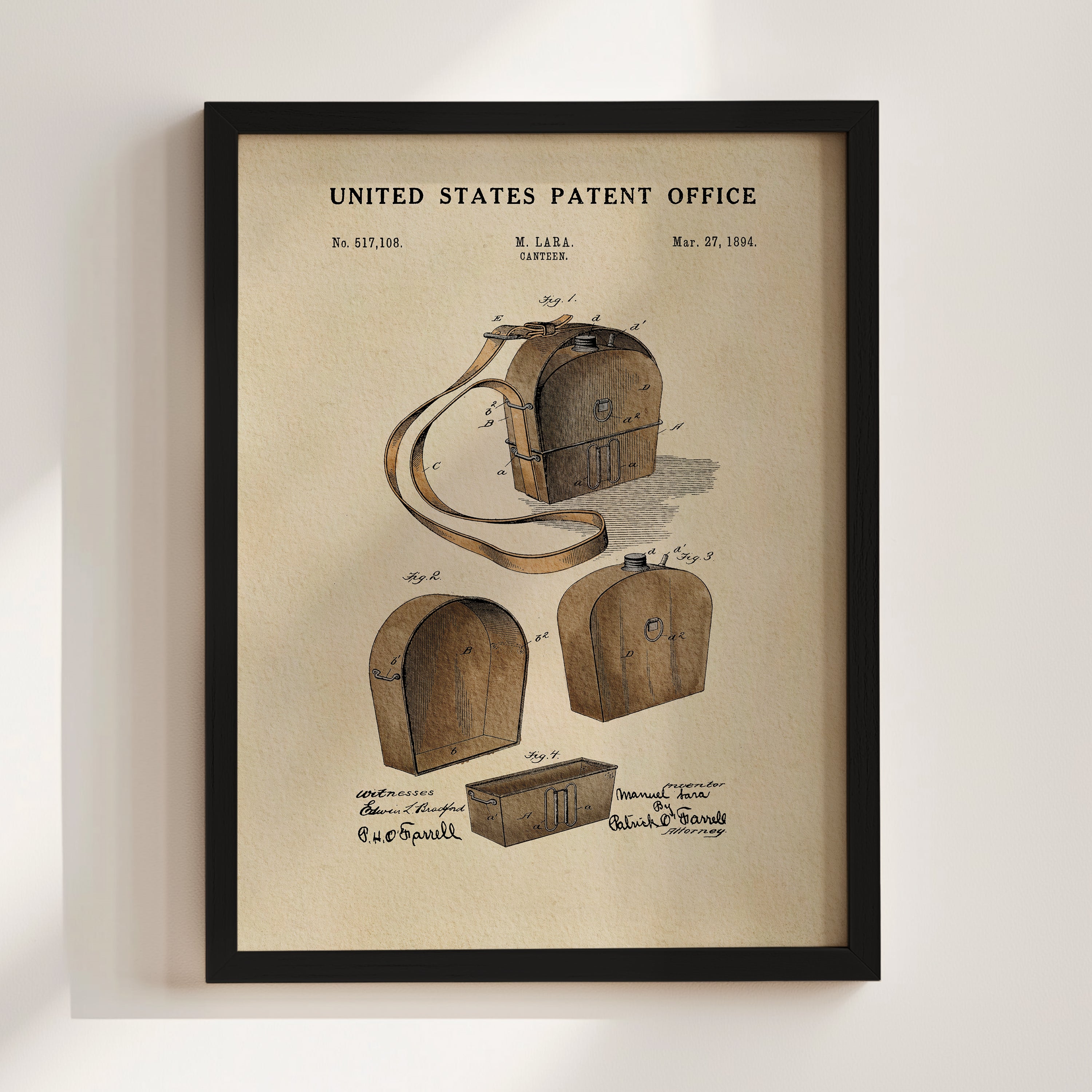 The image is a framed vintage patent drawing depicting a wooden bag or purse with various compartments and straps.