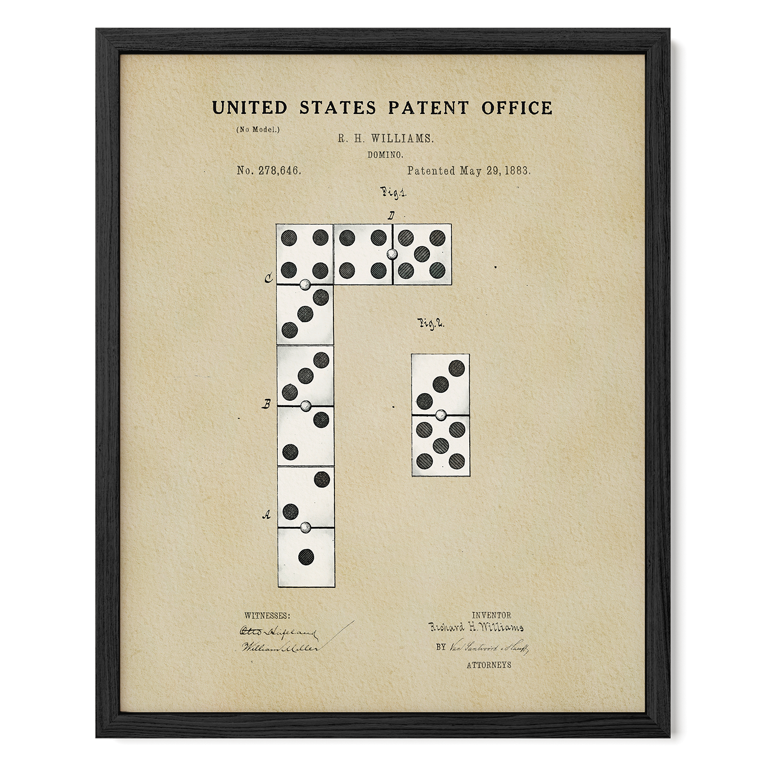 The image is a framed patent drawing depicting a domino setup with a series of dominoes arranged in a line.