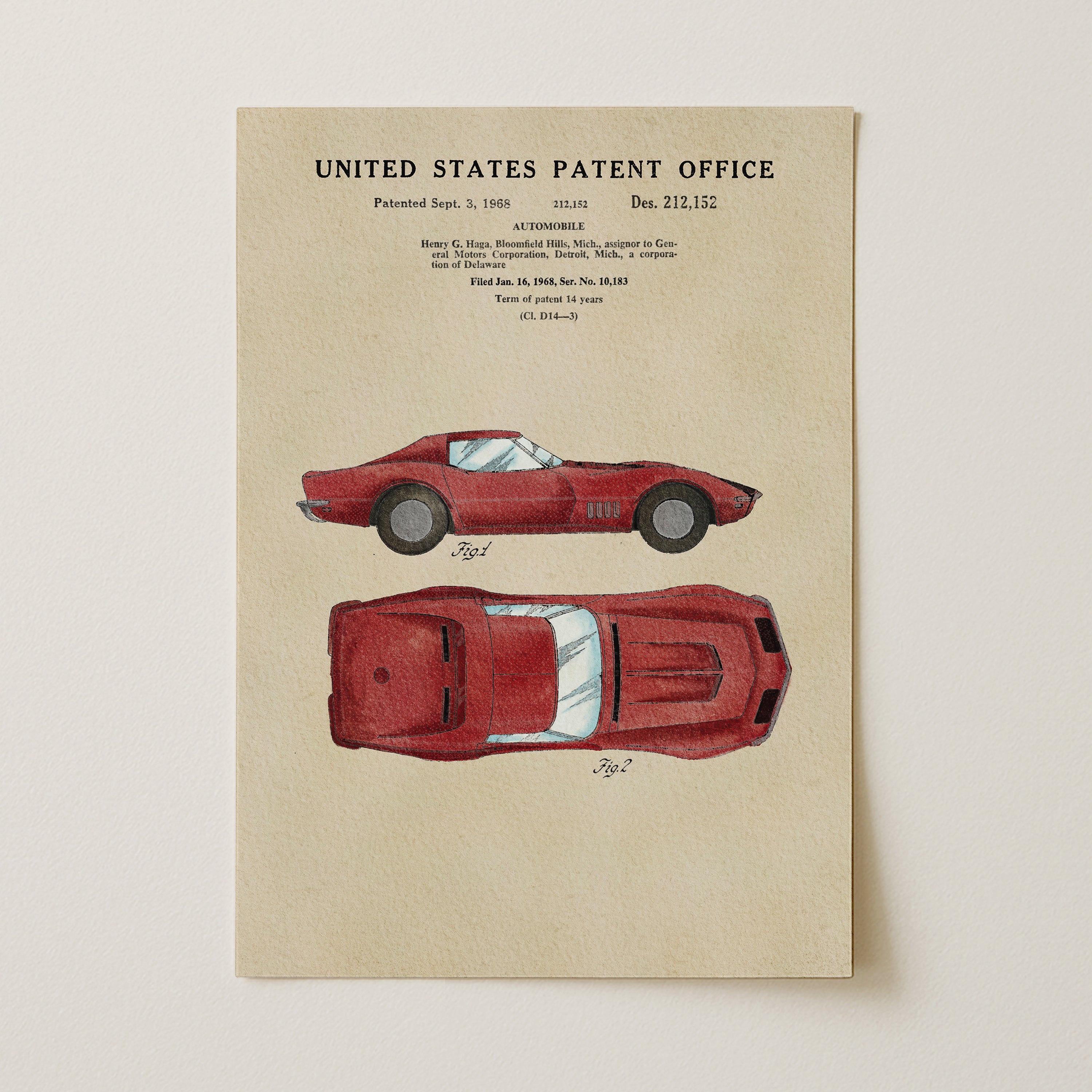 The image is a printed page from the United States Patent Office, featuring a detailed illustration of a red sports car along with its patent registration number.