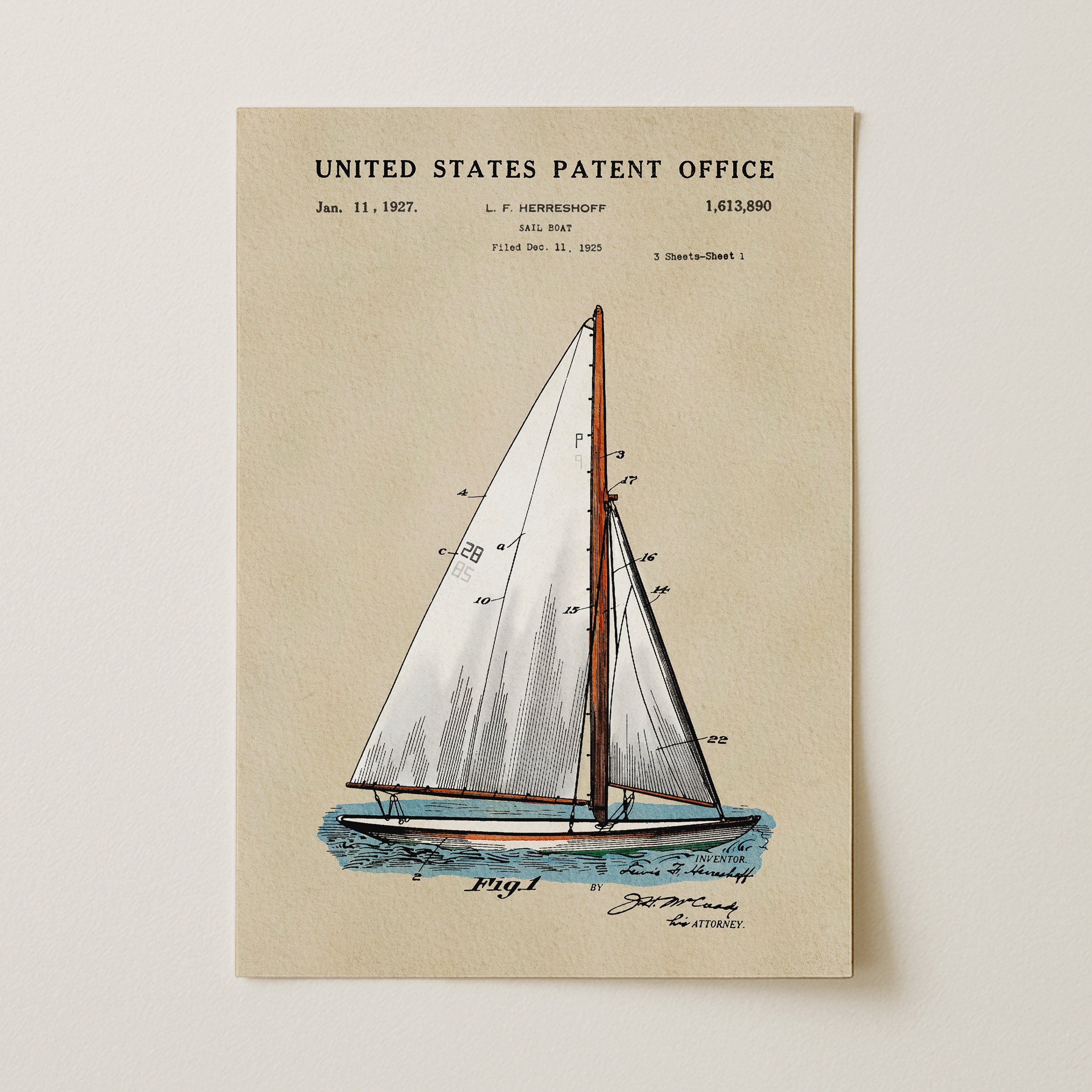 A printed page from the United States Patent Office showing a drawing of a sailboat with a detailed technical drawing and text.