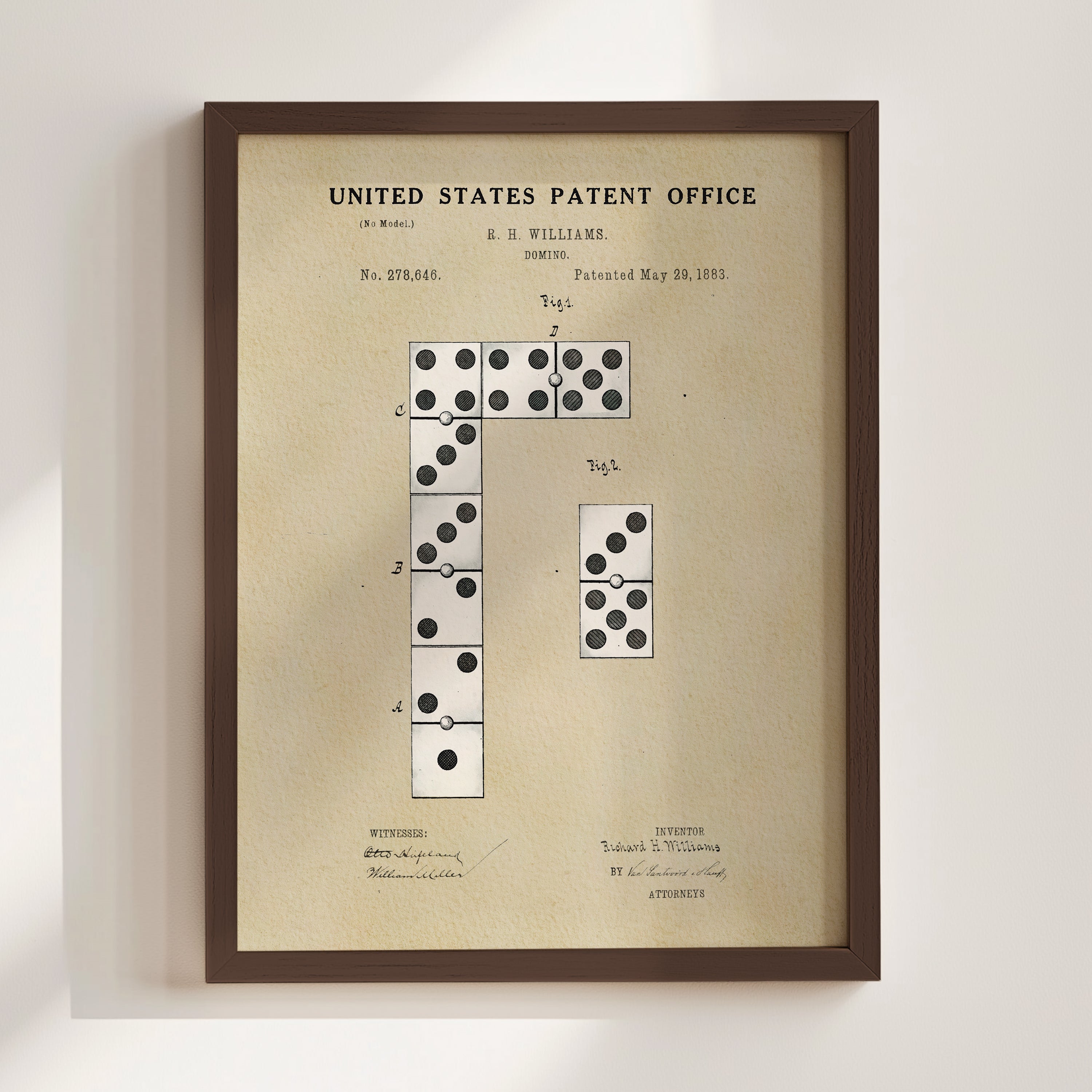 The image is a framed vintage patent drawing depicting a domino setup with dots representing the domino pieces.