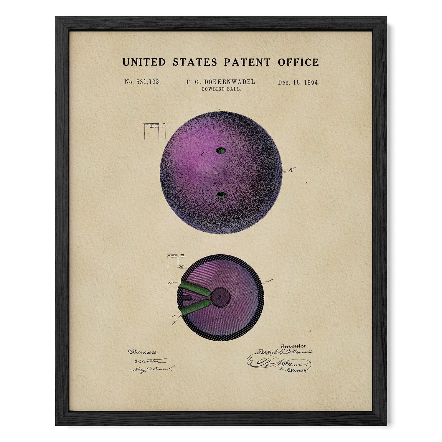 The image is a framed patent drawing depicting a purple bowling ball with two holes, along with technical drawings and annotations.