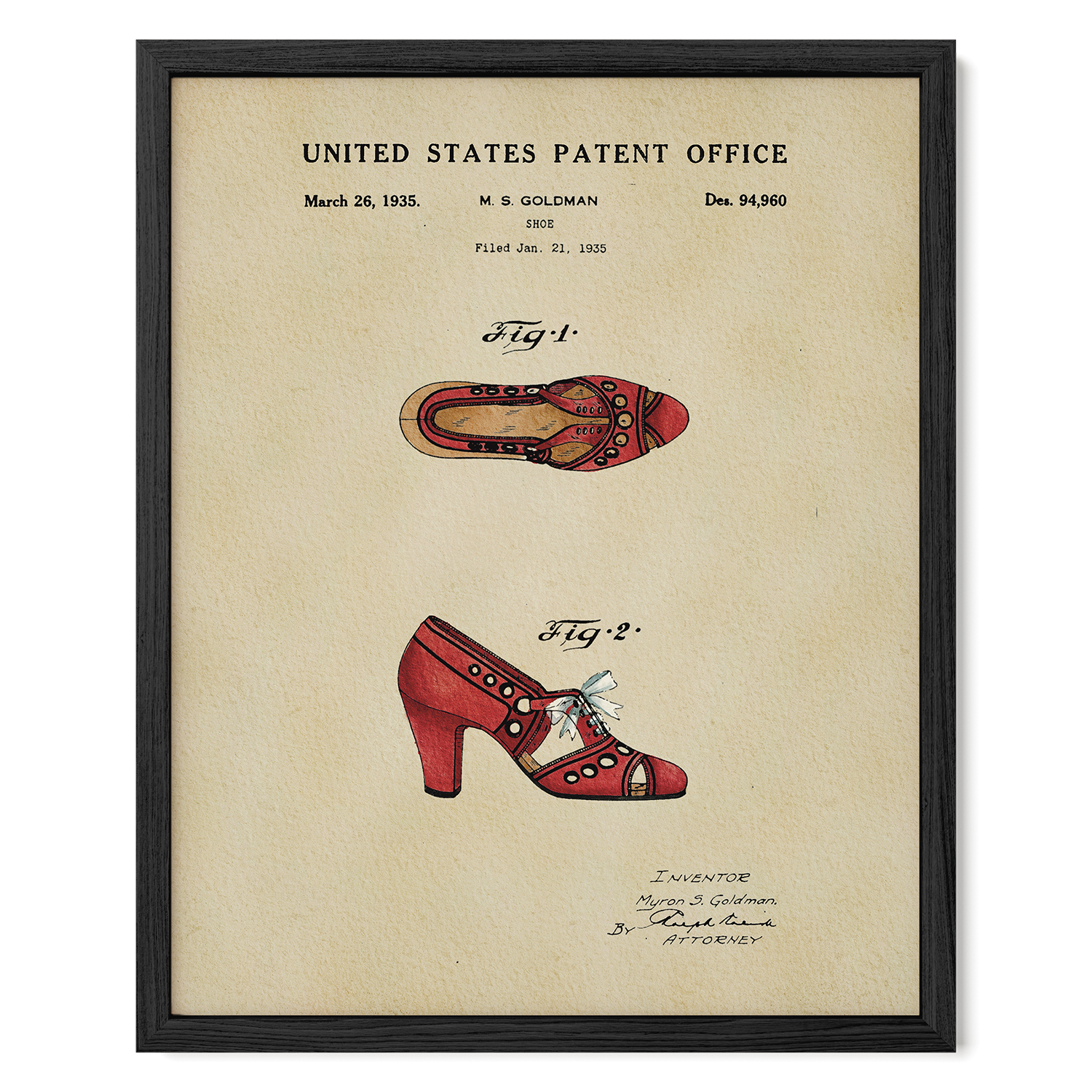 The image is a framed patent drawing depicting a pair of red high-heeled shoes, with the title