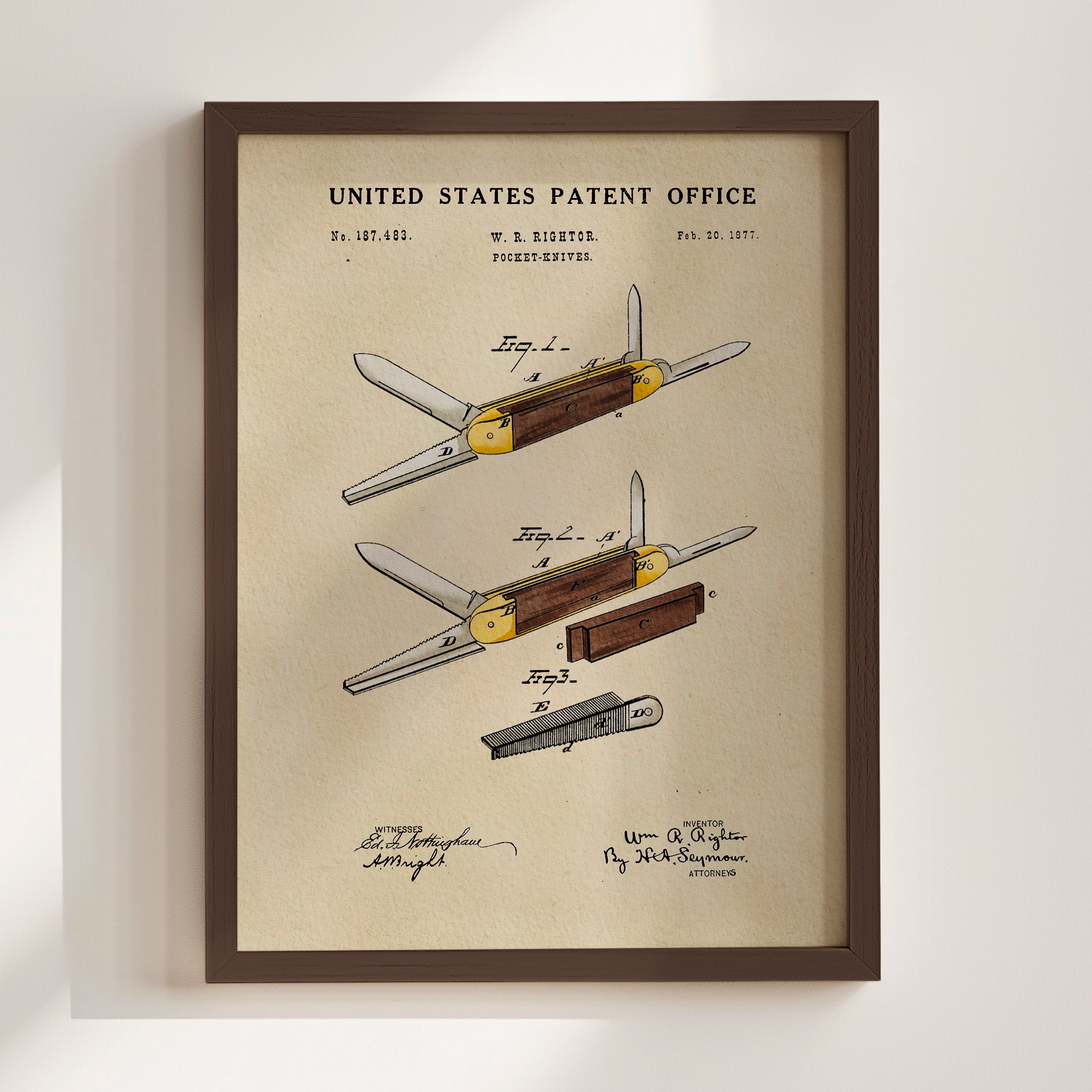 The image is a framed patent drawing depicting a folding knife with a unique design.