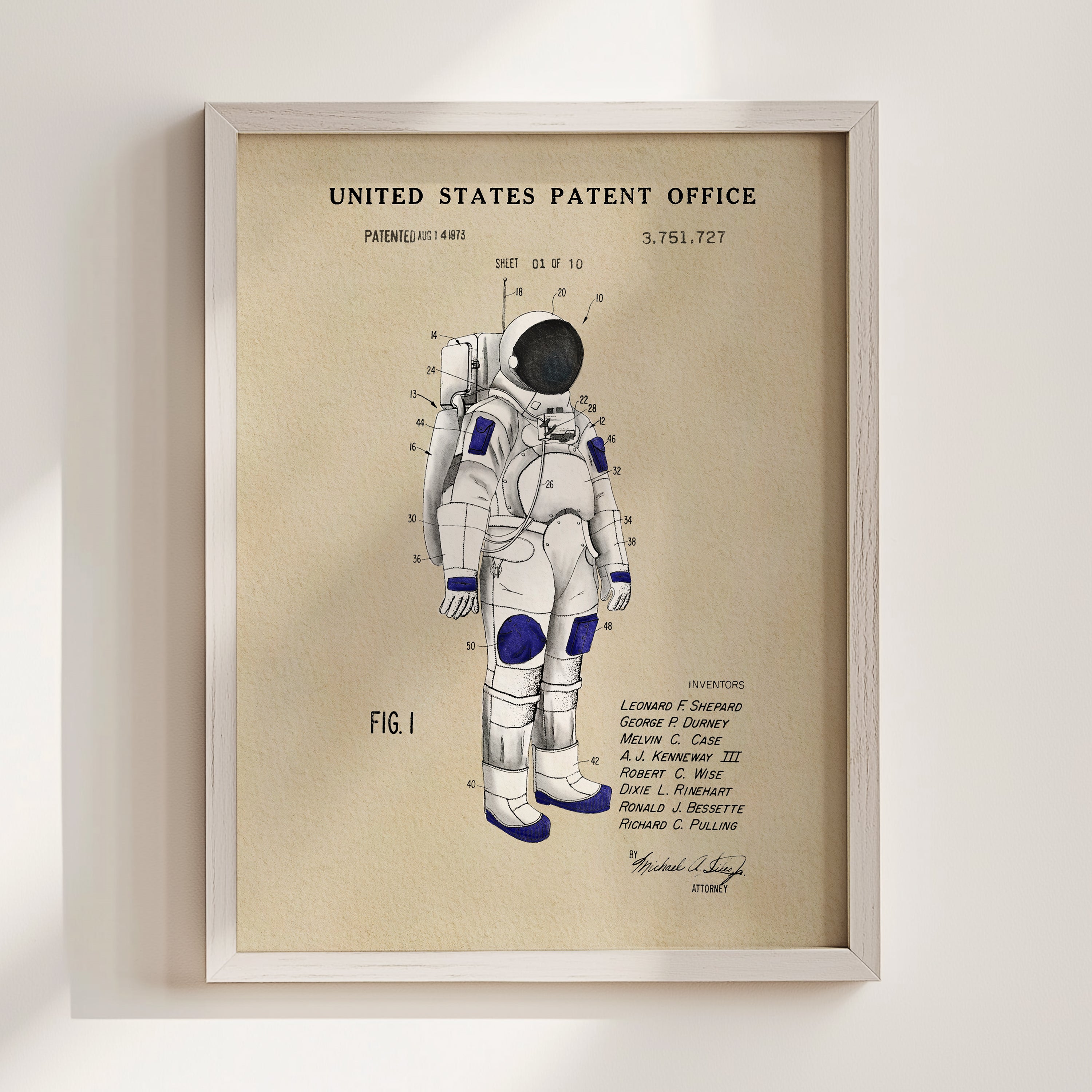 The image is a framed patent drawing of an astronaut's suit, depicting the design and features of the space suit.
