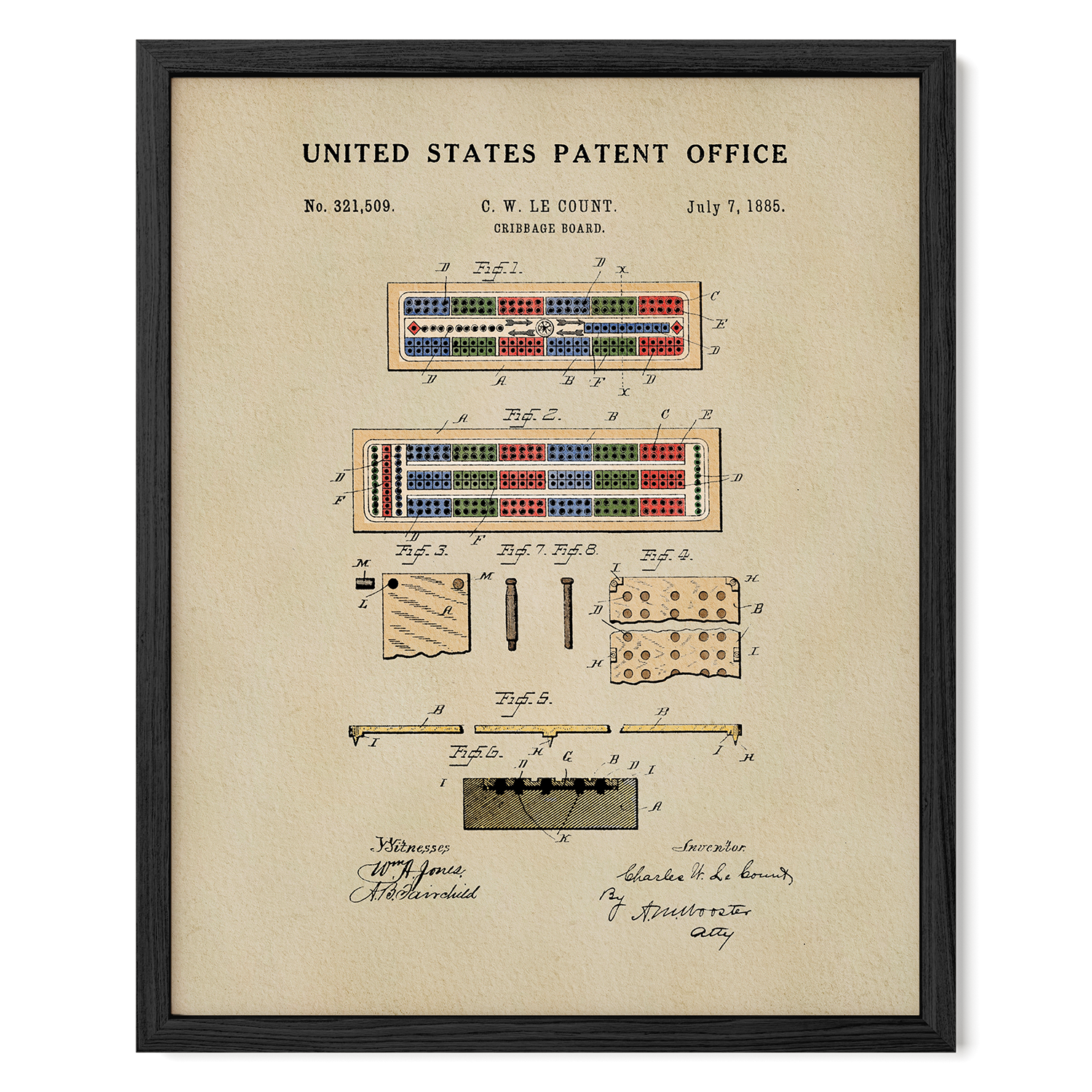 The image is a framed patent drawing from the United States Patent Office, depicting a cribbage board with various components and parts.