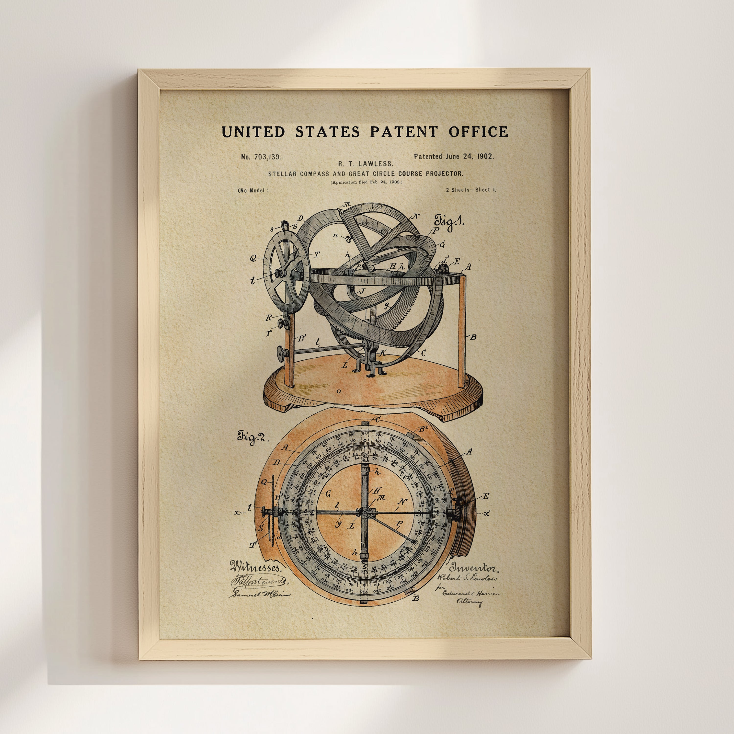 The image is a framed patent drawing depicting a device with a compass and a star, likely a navigational instrument.