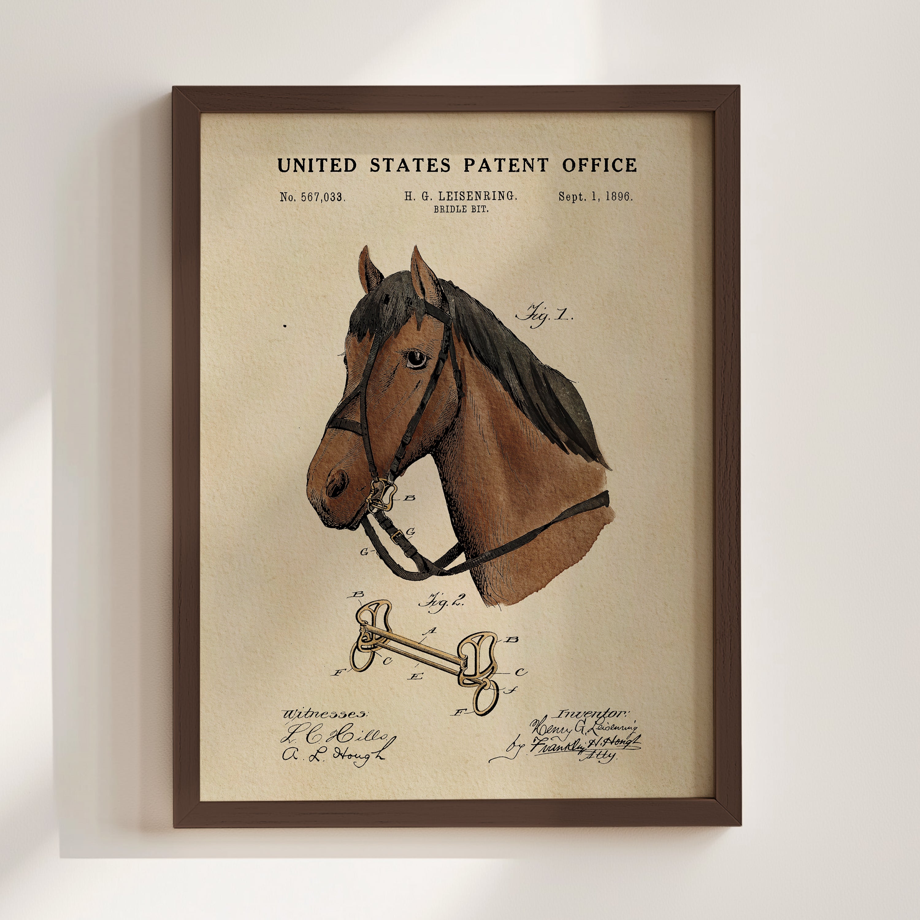The image is a framed patent drawing of a horse, depicting a detailed illustration of the horse's head and harness.