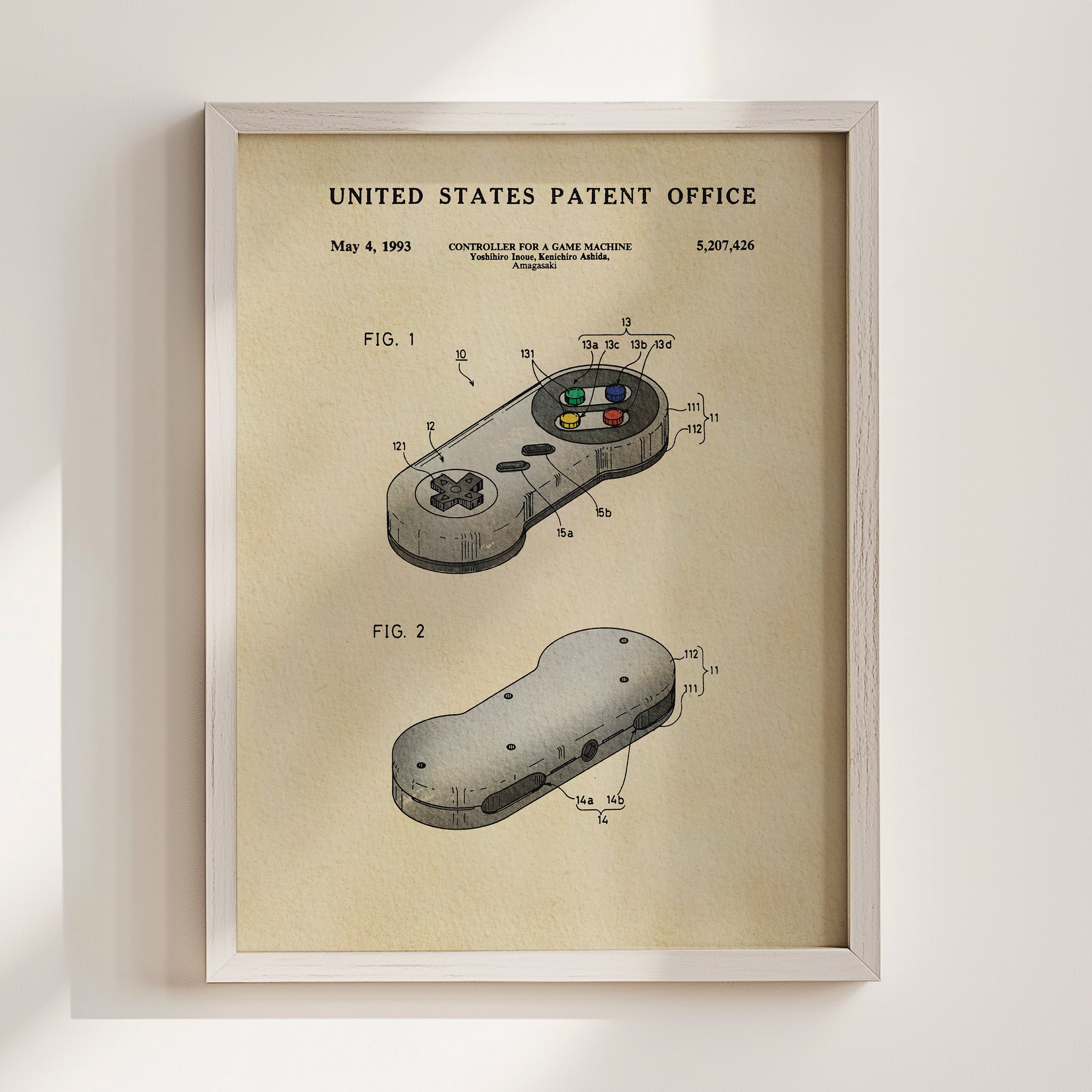 The image is a framed patent drawing depicting a video game controller, specifically a Nintendo controller, with technical drawings and specifications.