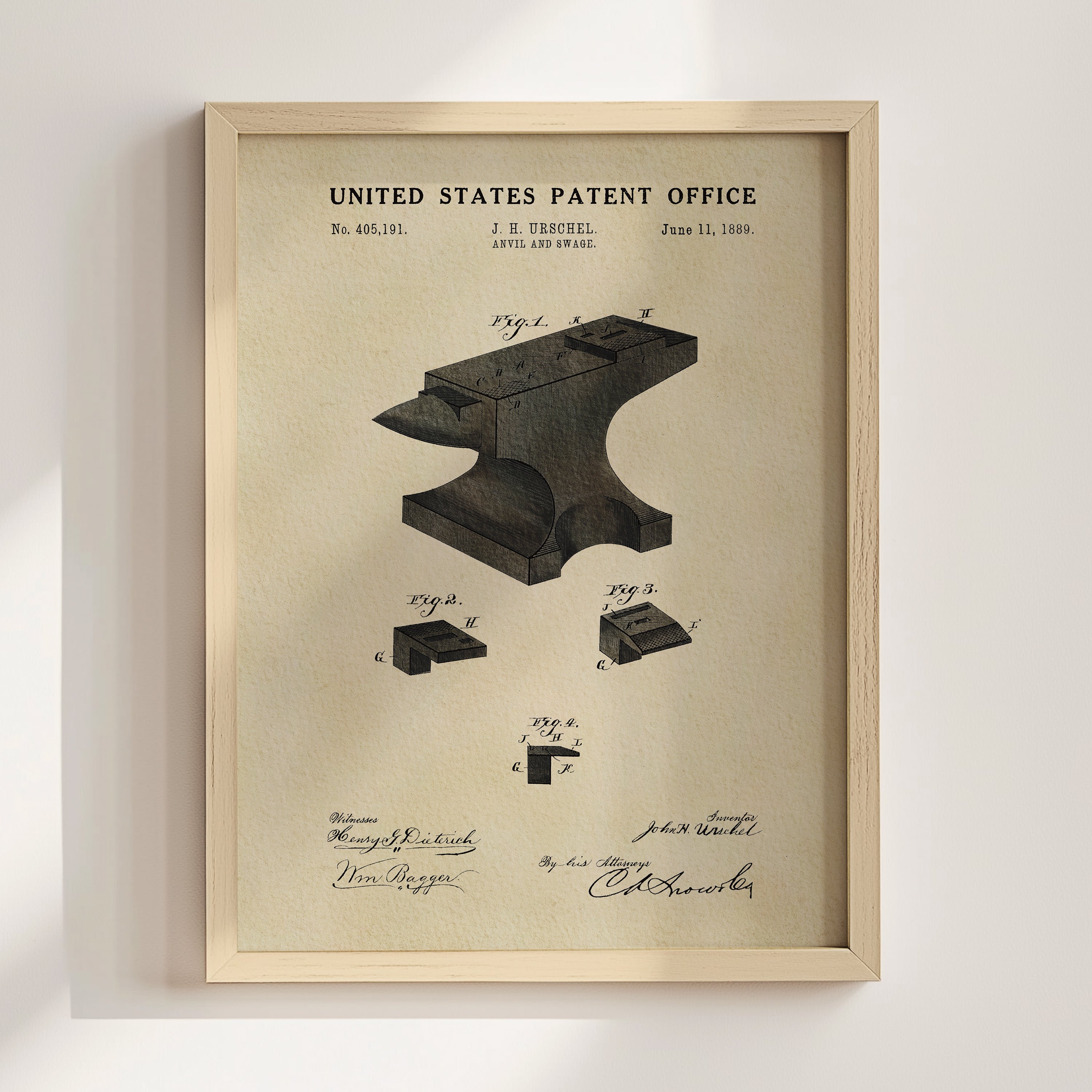 The image is a framed vintage patent drawing depicting a forge or forge-like device, with accompanying technical drawings and annotations.