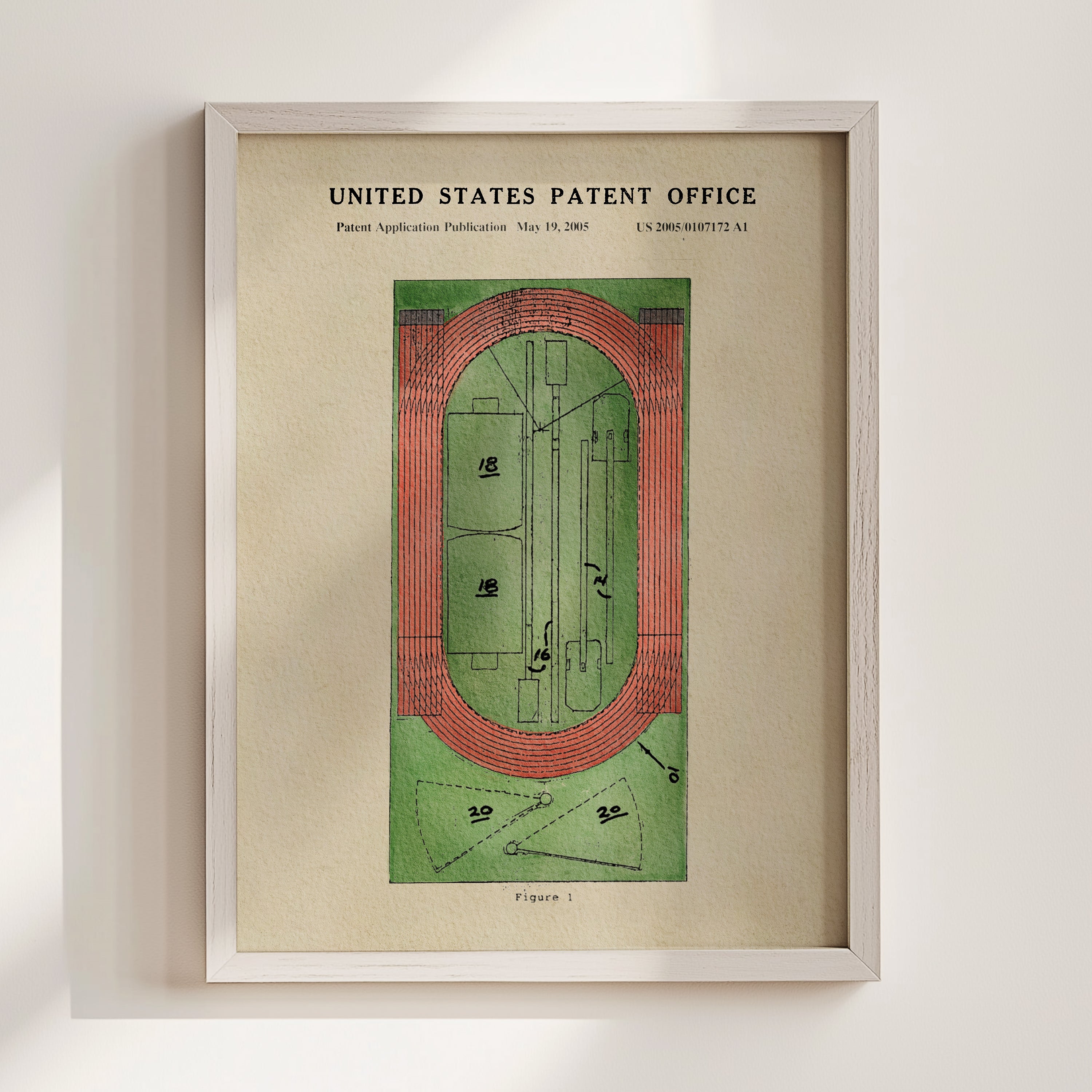 The image is a framed print of a United States patent application published on May 19, 2005, with a drawing of a running track.