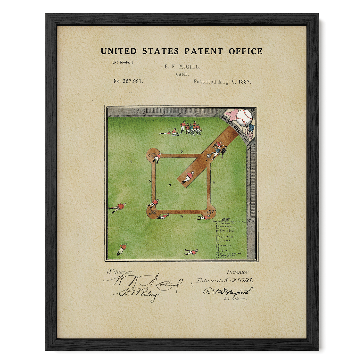 The image is a framed patent application from the United States Patent Office, dated August 9, 1887, for a baseball game.
