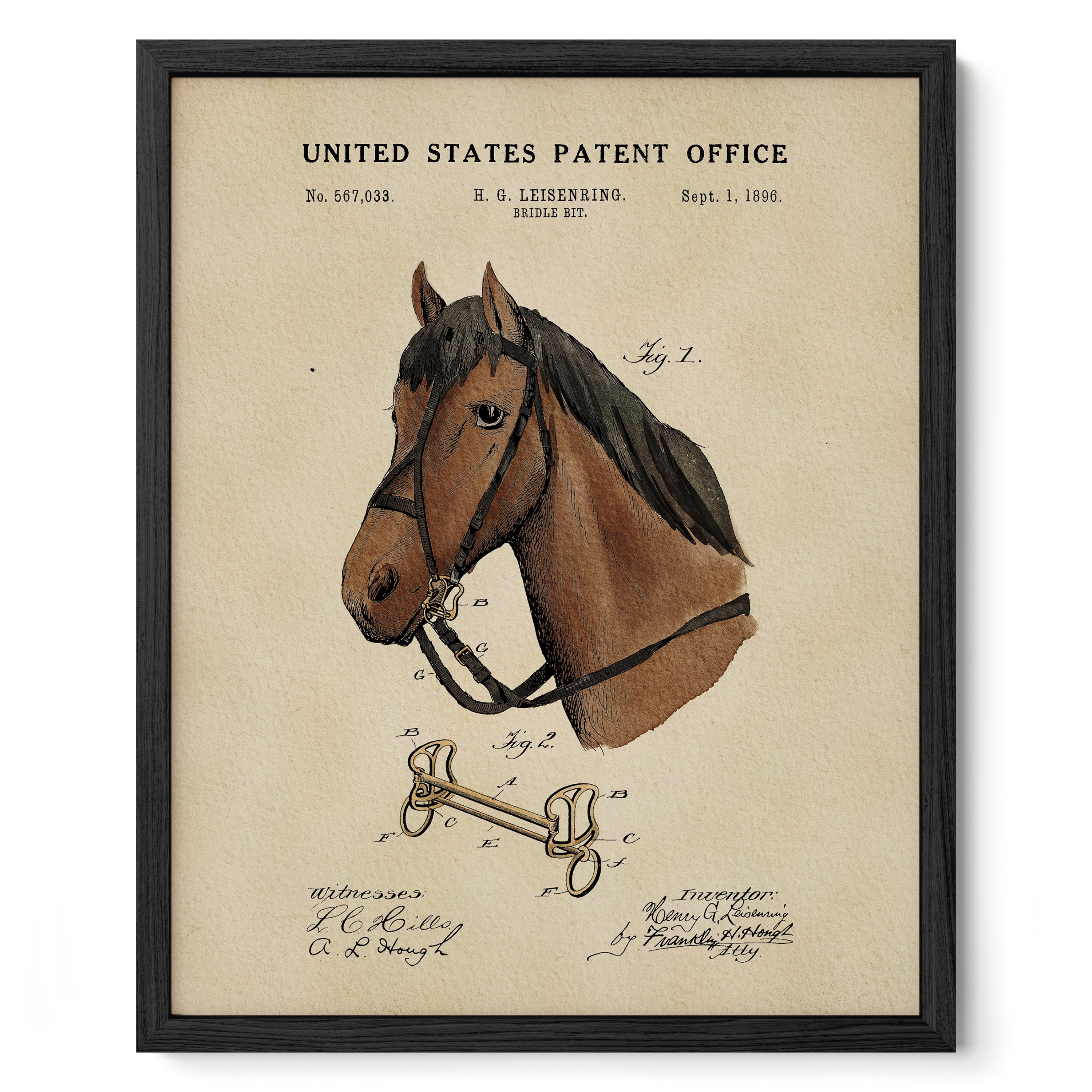The image is a framed print depicting a detailed illustration of a horse's head and bridle, along with a patent application dated Sept. 1, 1896.