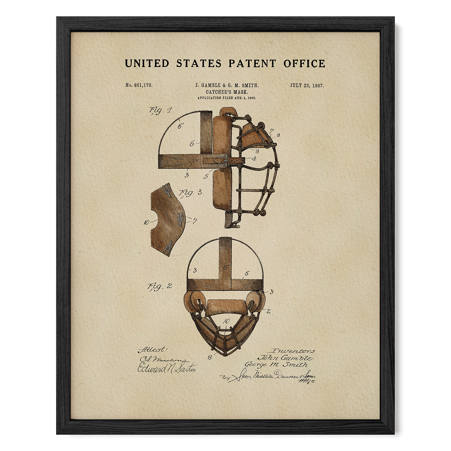 The image is a framed patent drawing depicting a baseball catcher's mask, showing the design and construction of the mask.