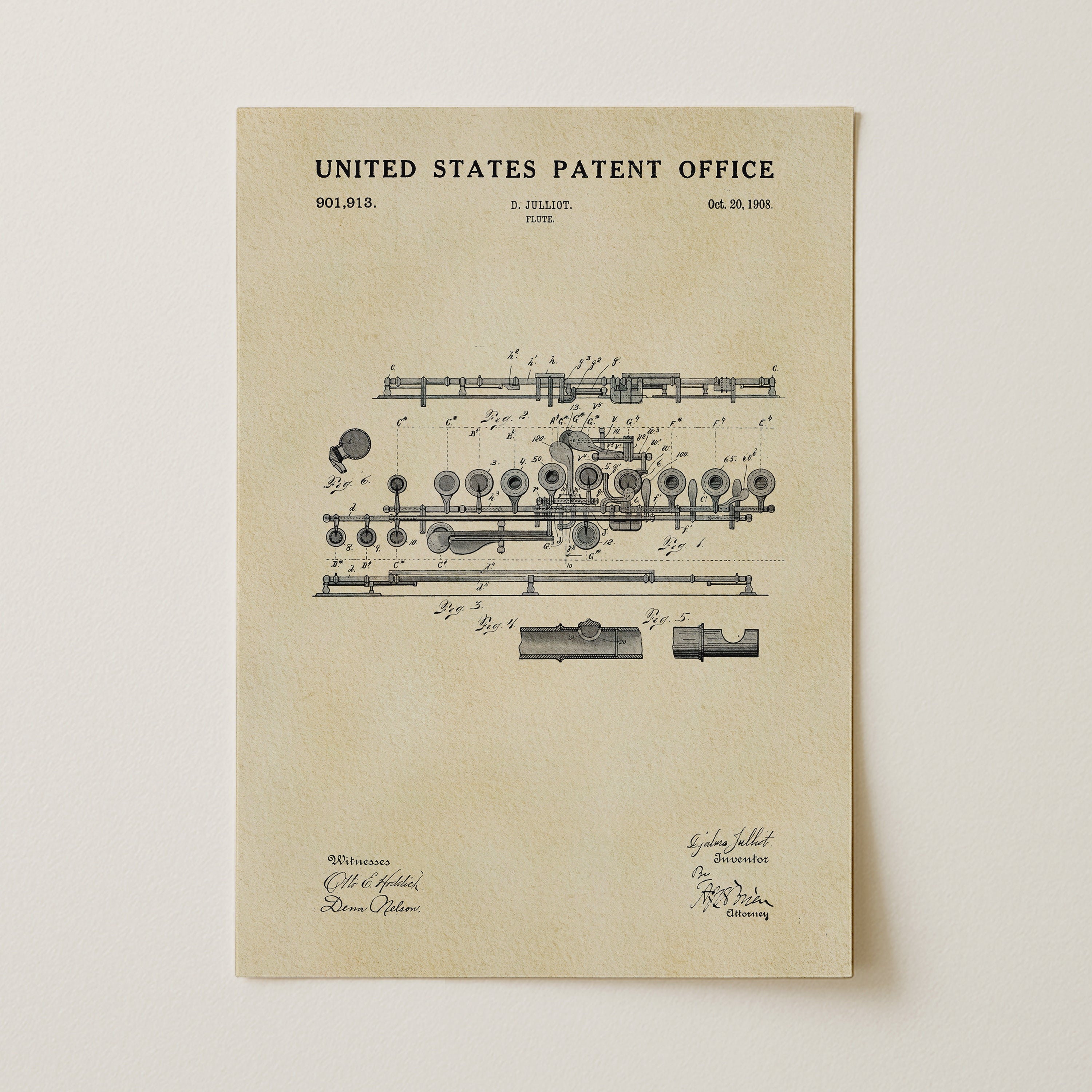 The image is a patent drawing from the United States Patent Office dated October 30, 1908, depicting a flute.